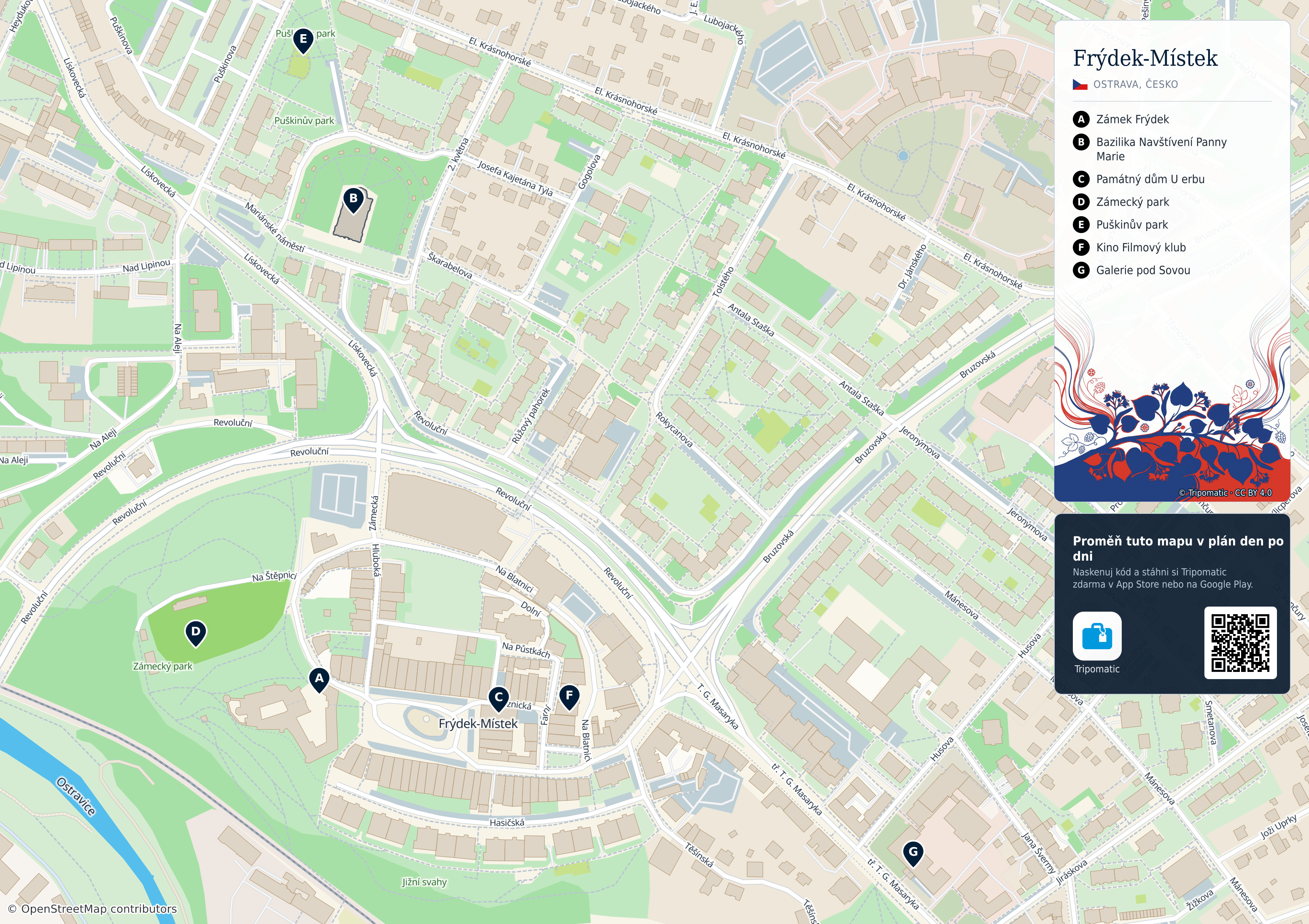 Frýdek-Místek – turistická mapa k vytisknutí s očíslovanými hlavními památkami