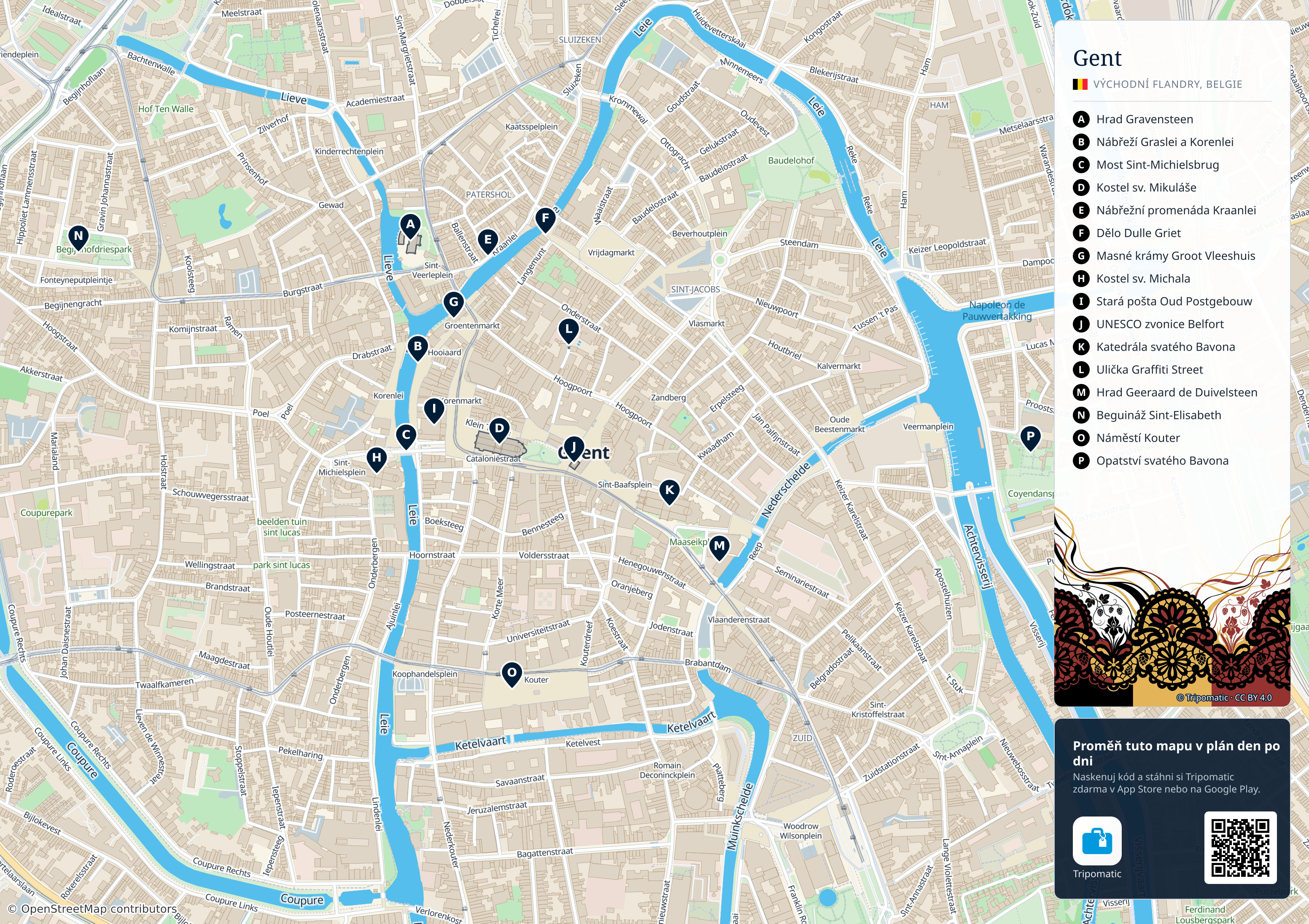 Gent – turistická mapa k vytisknutí s očíslovanými hlavními památkami