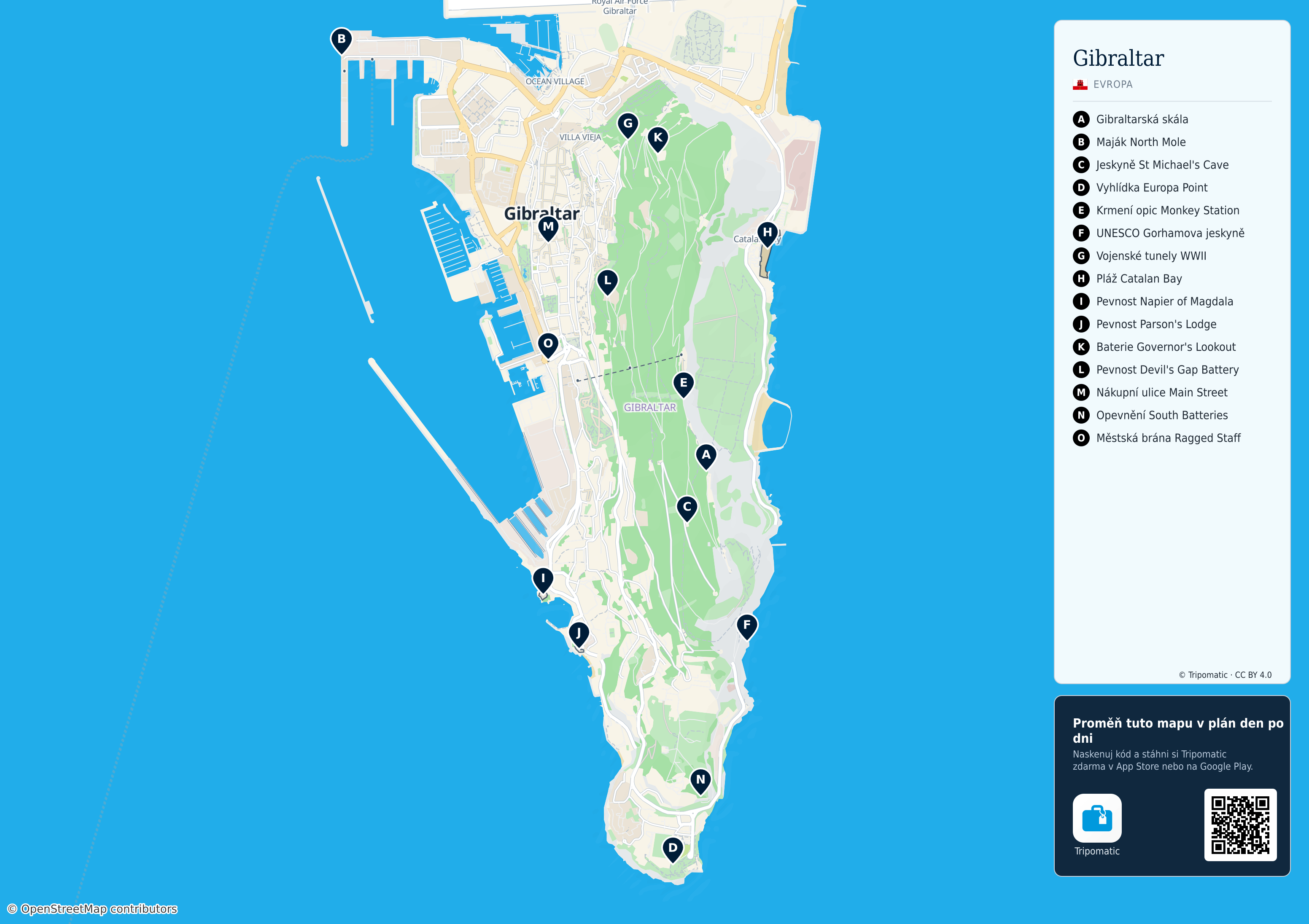 Gibraltar – turistická mapa k vytisknutí s očíslovanými hlavními památkami