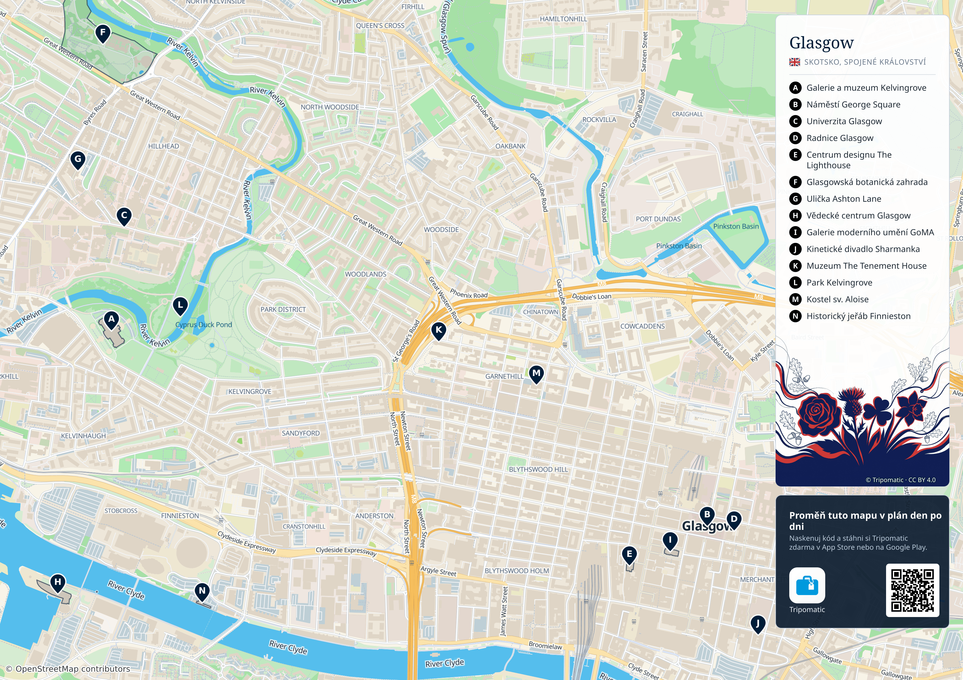 Glasgow – turistická mapa k vytisknutí s očíslovanými hlavními památkami