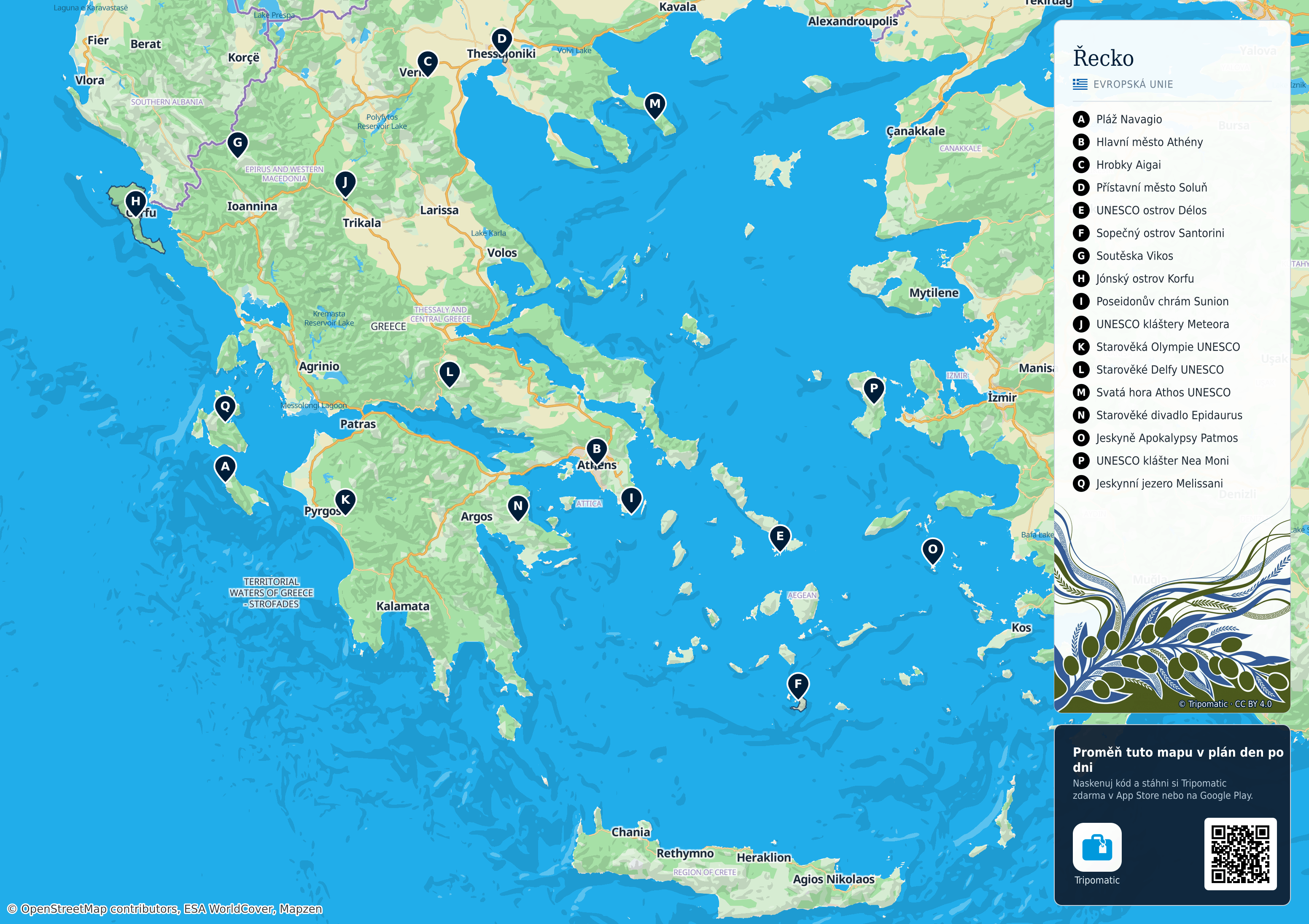Řecko – turistická mapa k vytisknutí s očíslovanými hlavními památkami