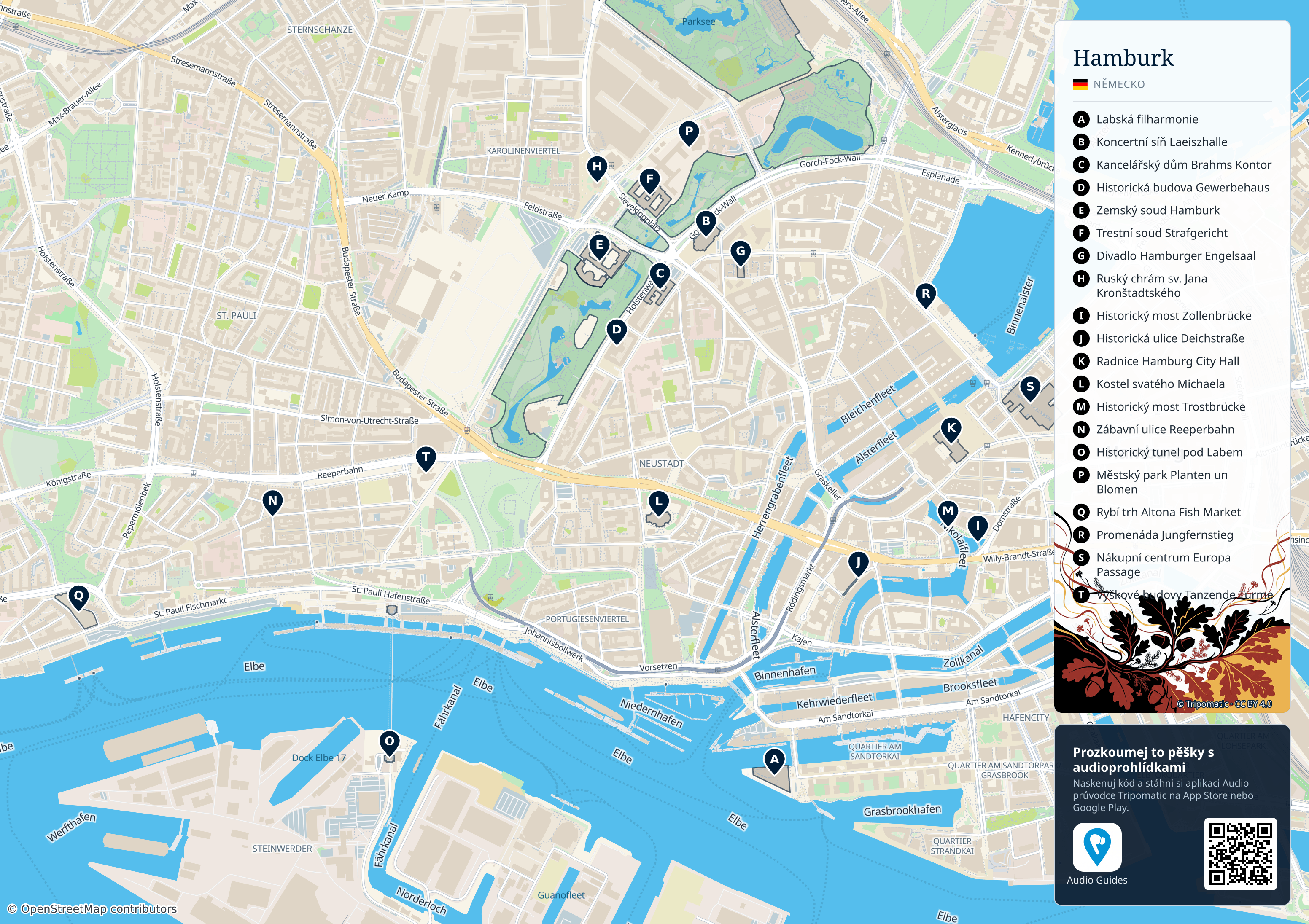 Hamburk – turistická mapa k vytisknutí s očíslovanými hlavními památkami