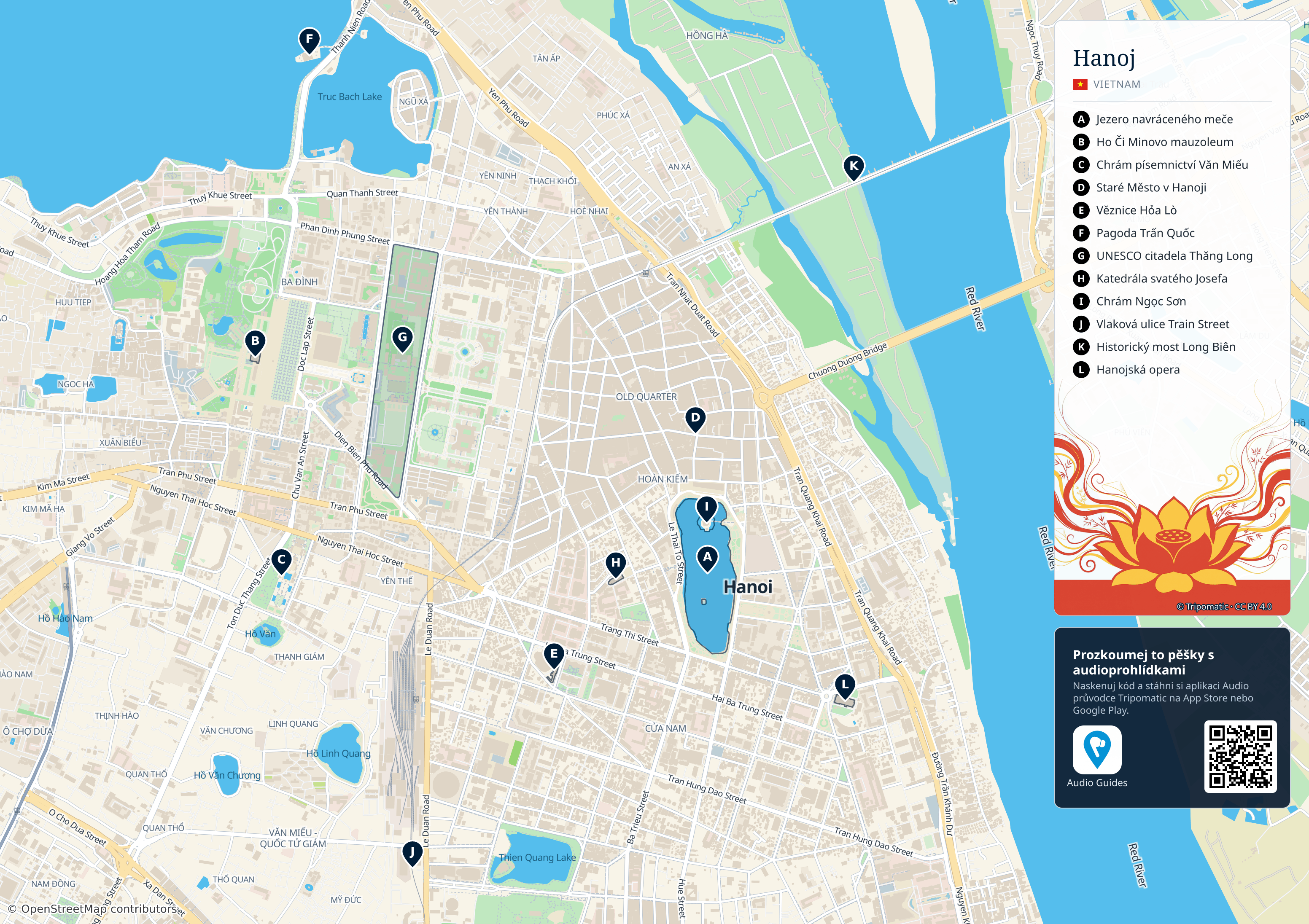 Hanoj – turistická mapa k vytisknutí s očíslovanými hlavními památkami