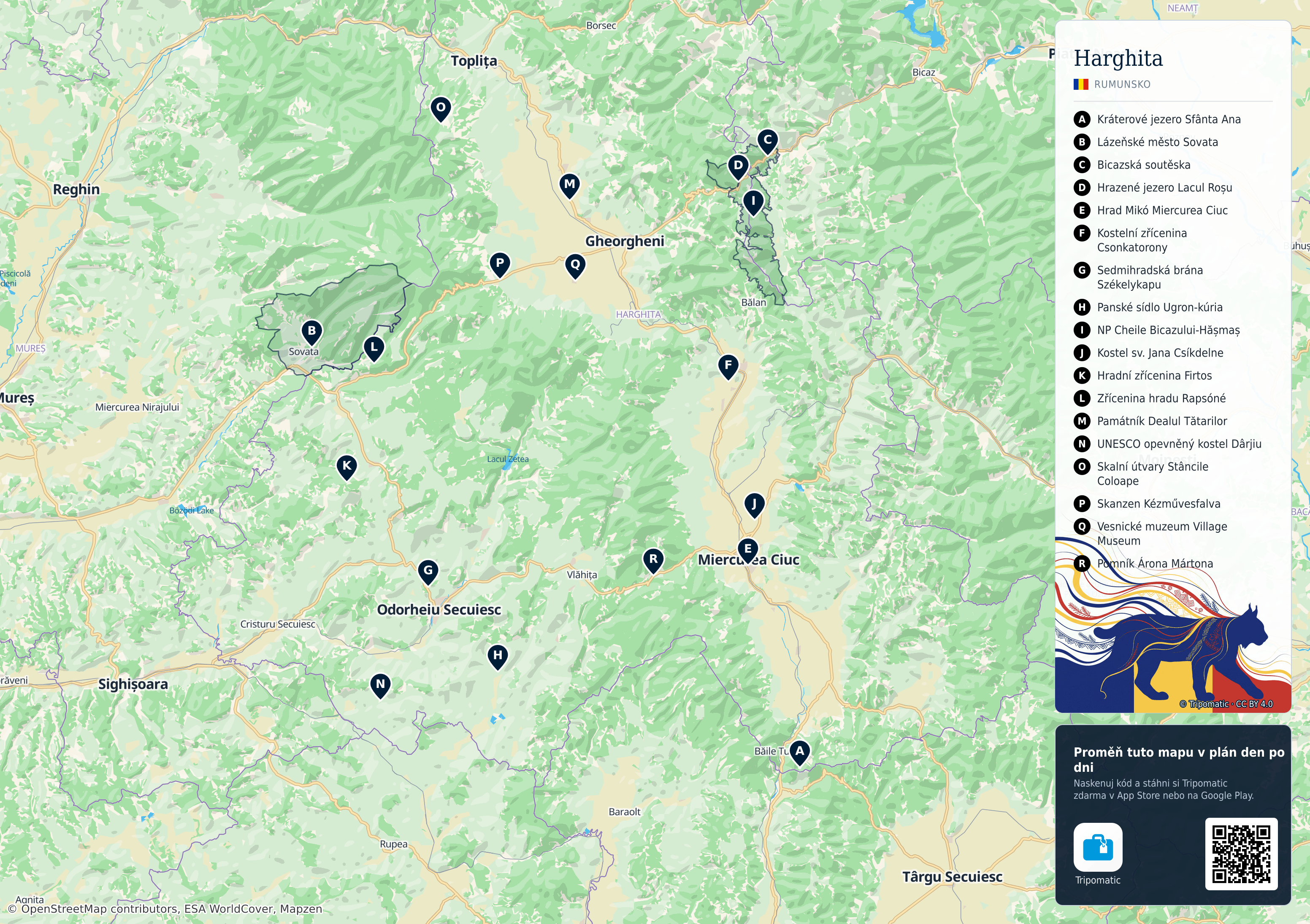 Harghita – turistická mapa k vytisknutí s očíslovanými hlavními památkami