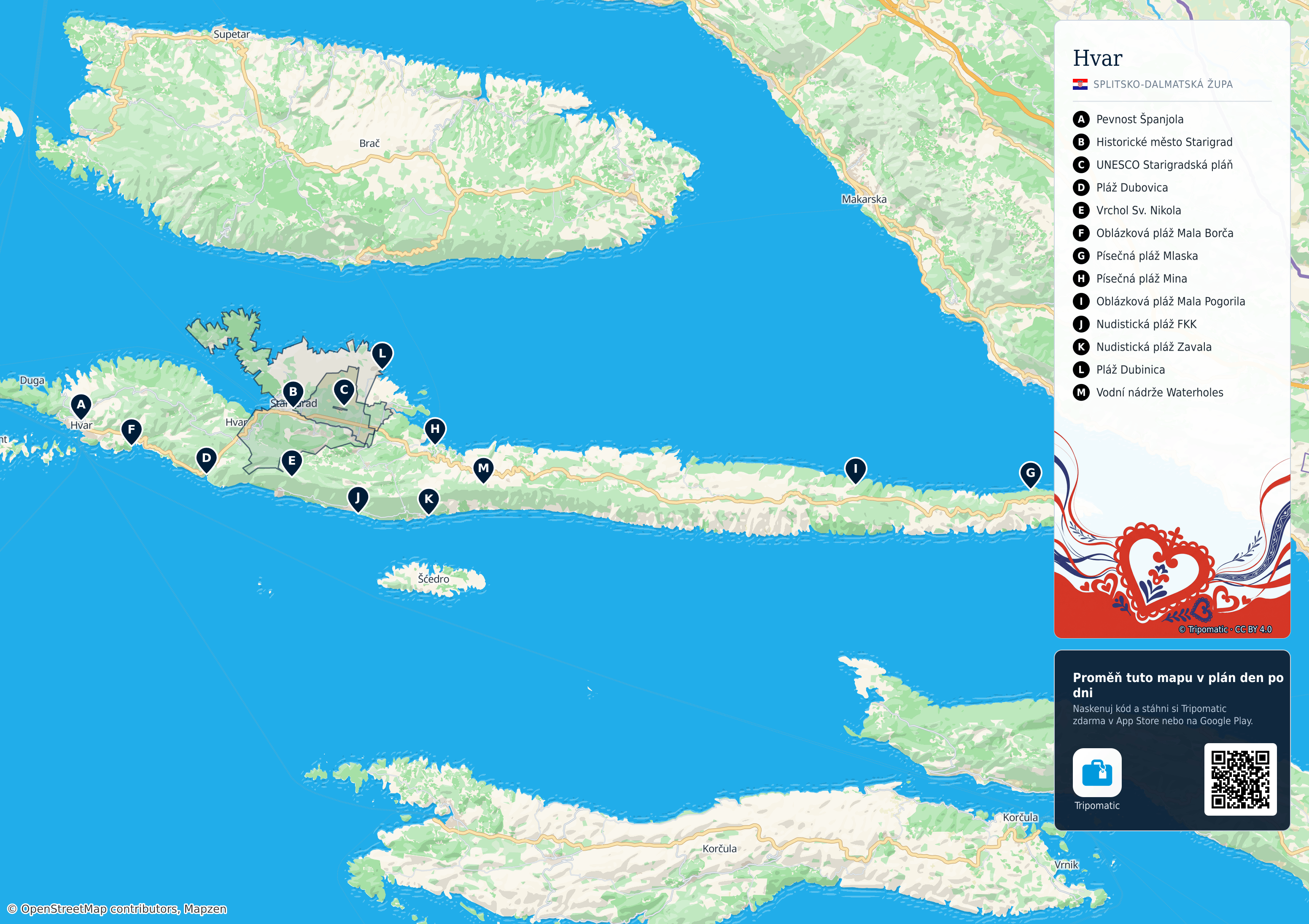Hvar – turistická mapa k vytisknutí s očíslovanými hlavními památkami