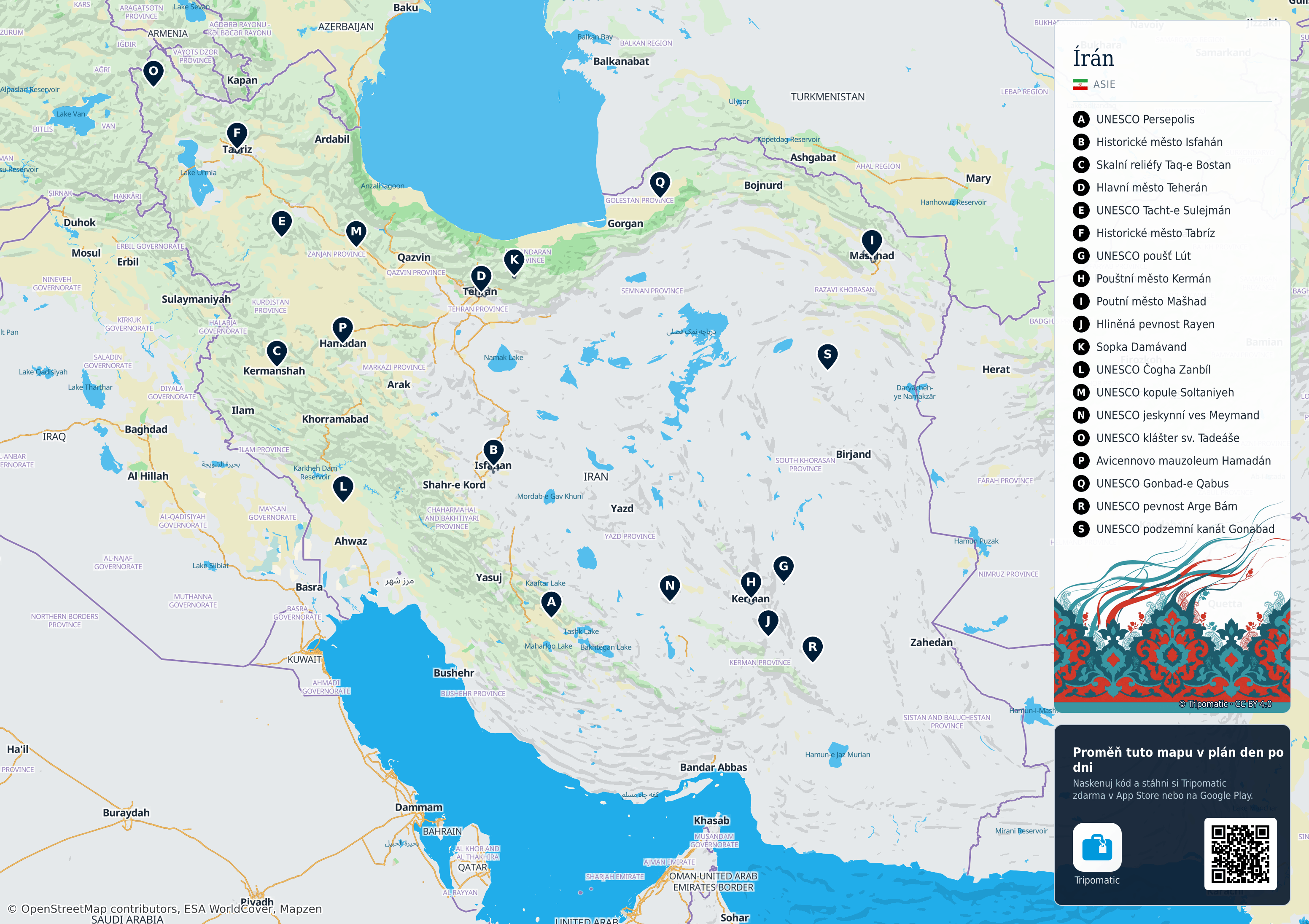 Írán – turistická mapa k vytisknutí s očíslovanými hlavními památkami
