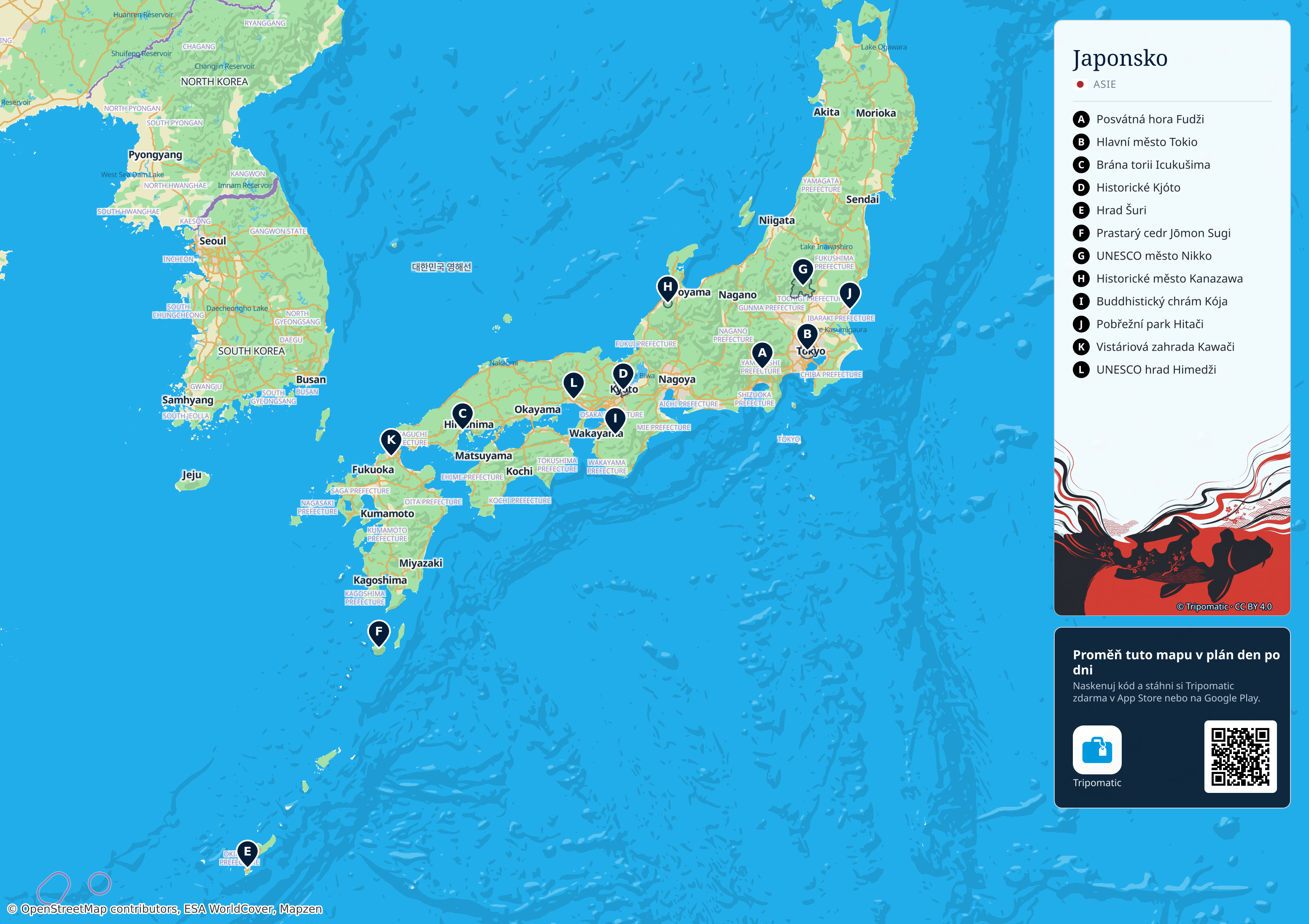 Japonsko – turistická mapa k vytisknutí s očíslovanými hlavními památkami
