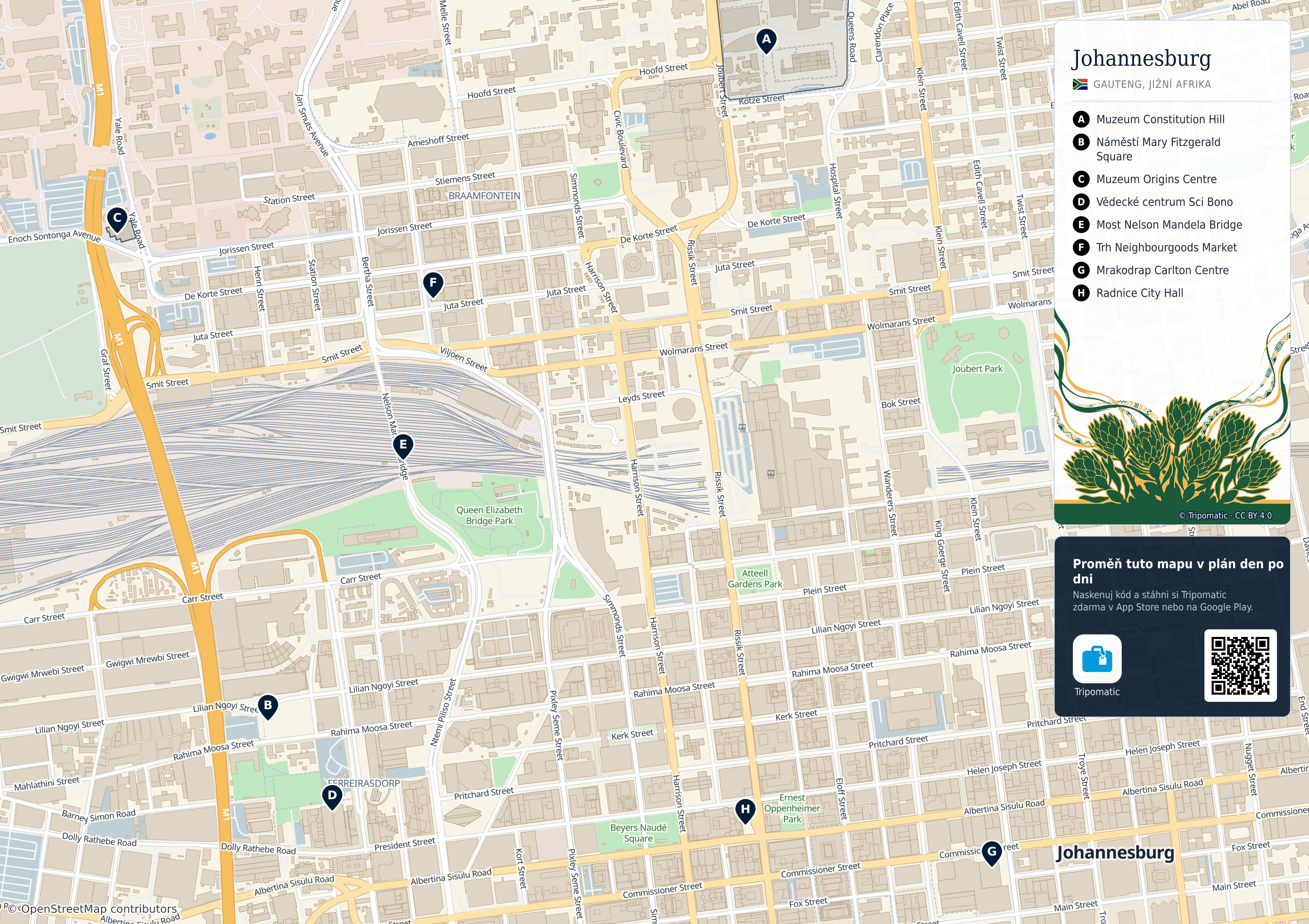 Johannesburg – turistická mapa k vytisknutí s očíslovanými hlavními památkami