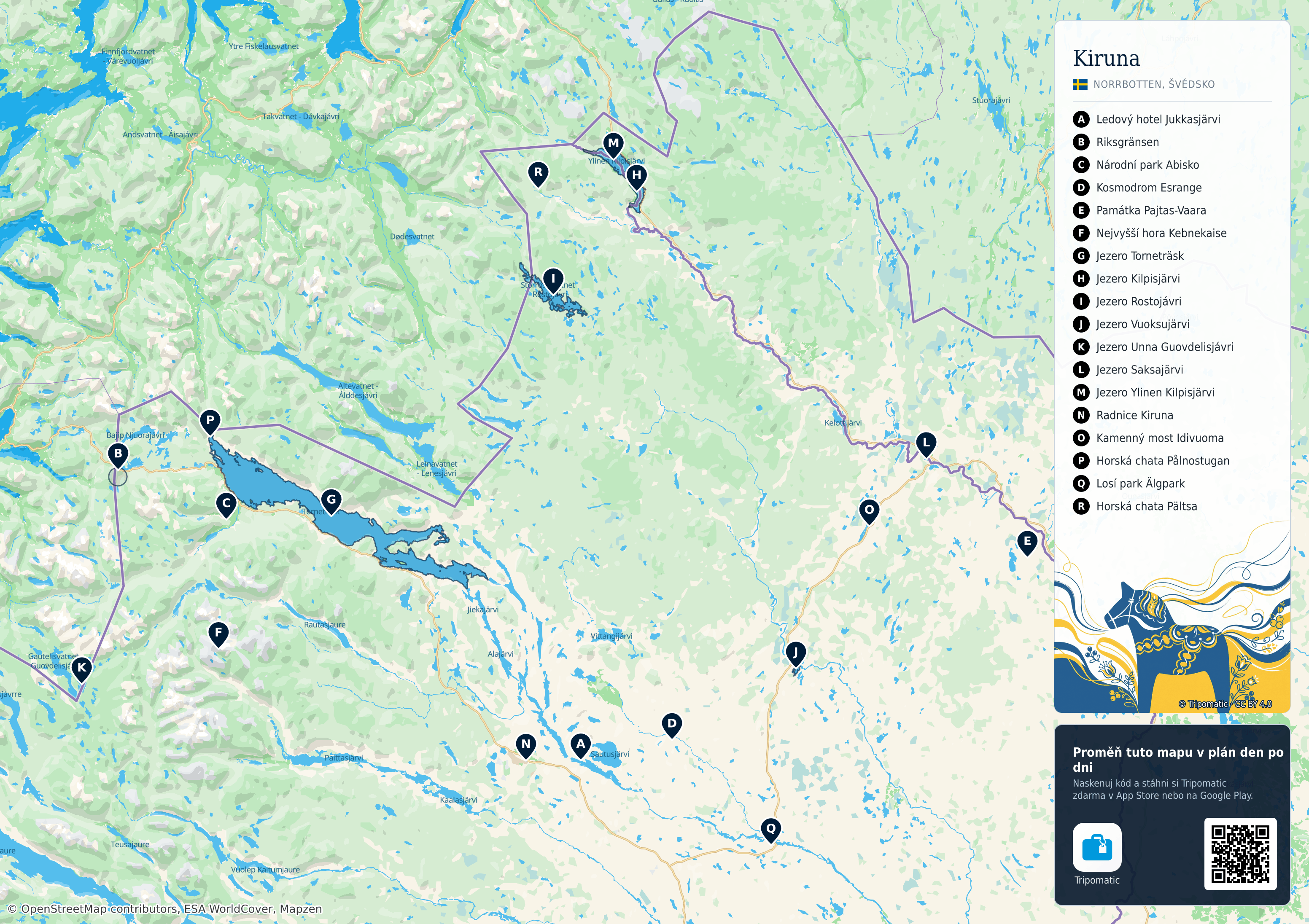 Kiruna – turistická mapa k vytisknutí s očíslovanými hlavními památkami