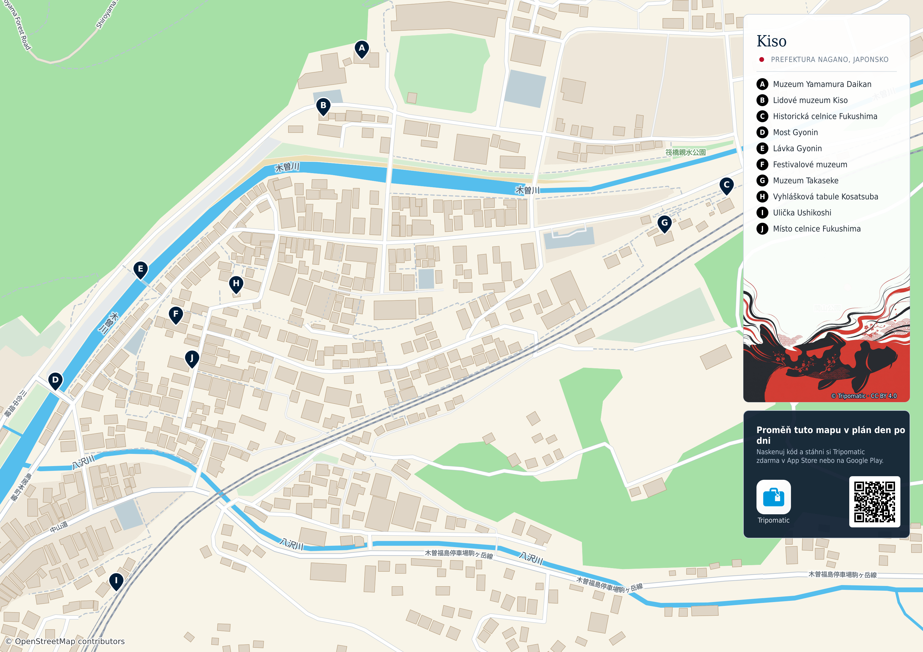 Kiso – turistická mapa k vytisknutí s očíslovanými hlavními památkami