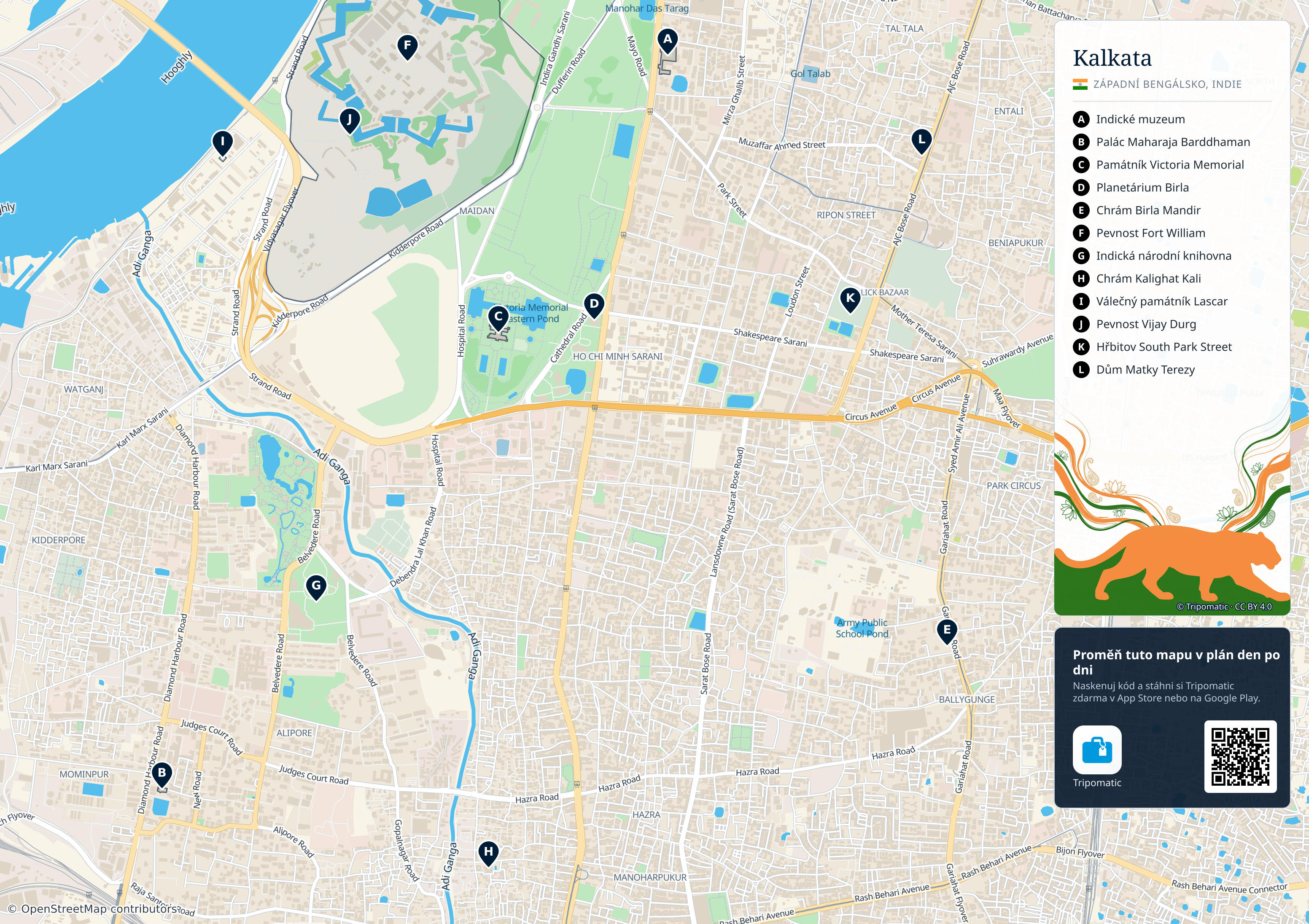 Kalkata – turistická mapa k vytisknutí s očíslovanými hlavními památkami