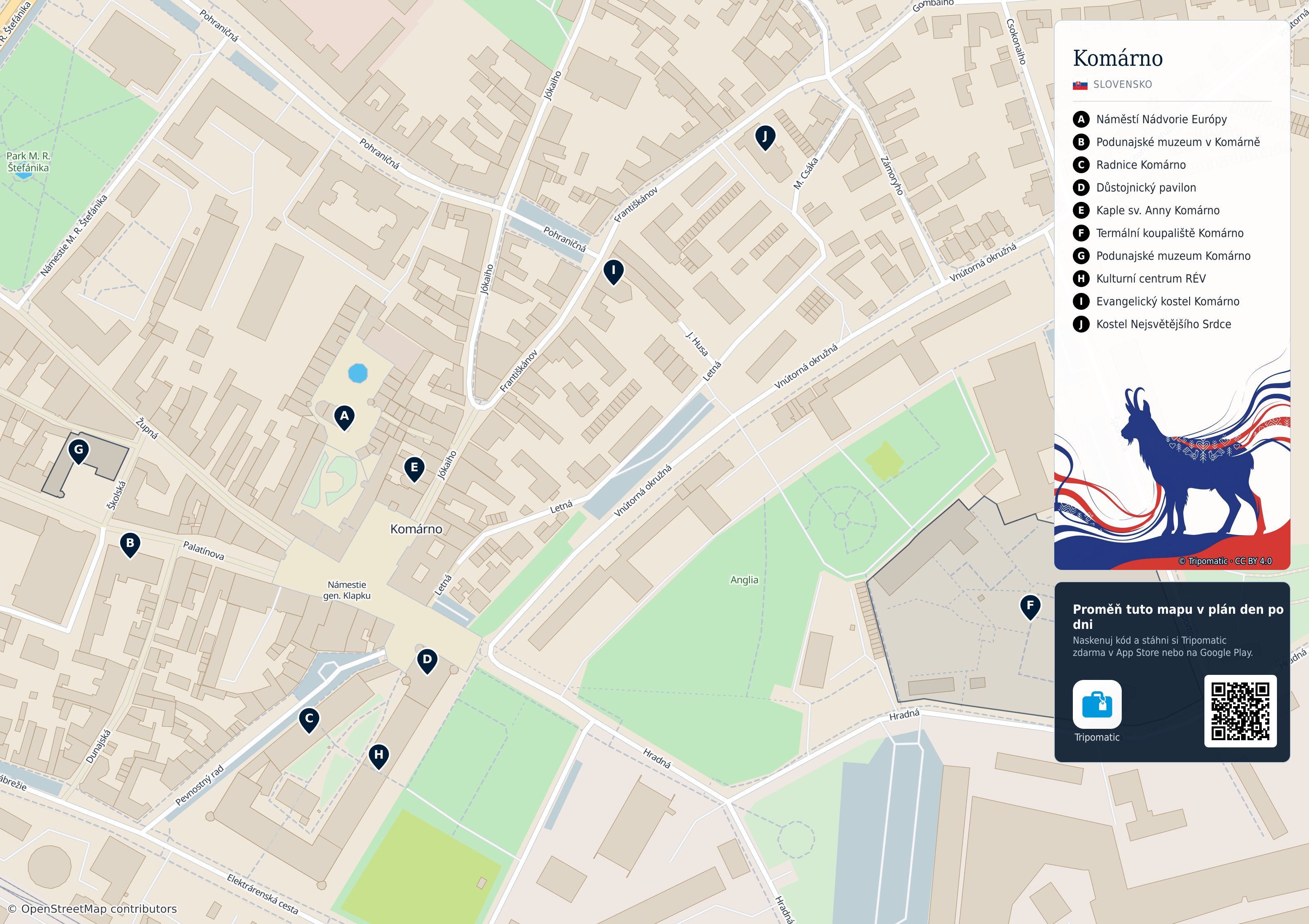 Komárno – turistická mapa k vytisknutí s očíslovanými hlavními památkami