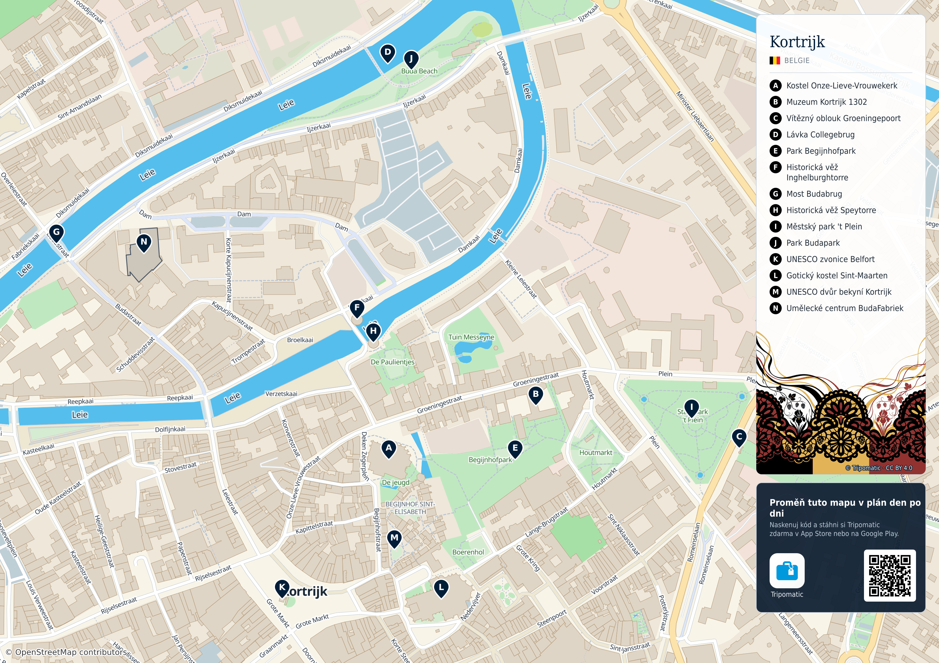 Kortrijk – turistická mapa k vytisknutí s očíslovanými hlavními památkami