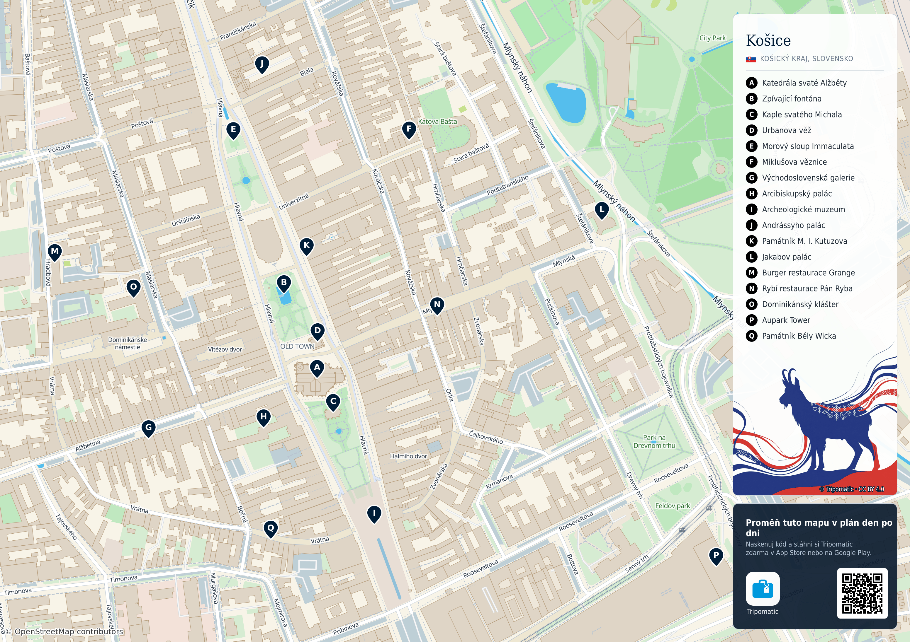 Košice – turistická mapa k vytisknutí s očíslovanými hlavními památkami