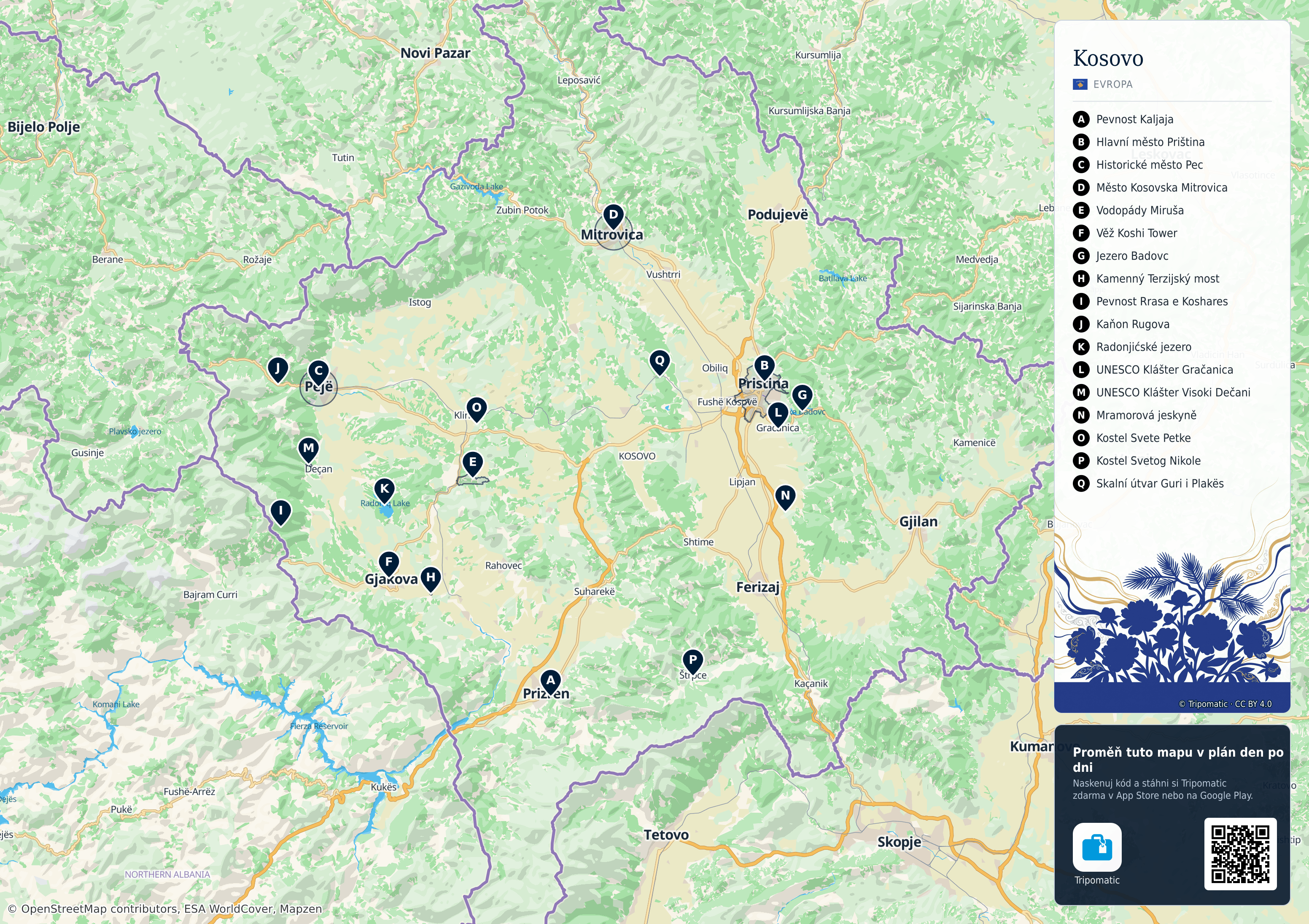 Kosovo – turistická mapa k vytisknutí s očíslovanými hlavními památkami