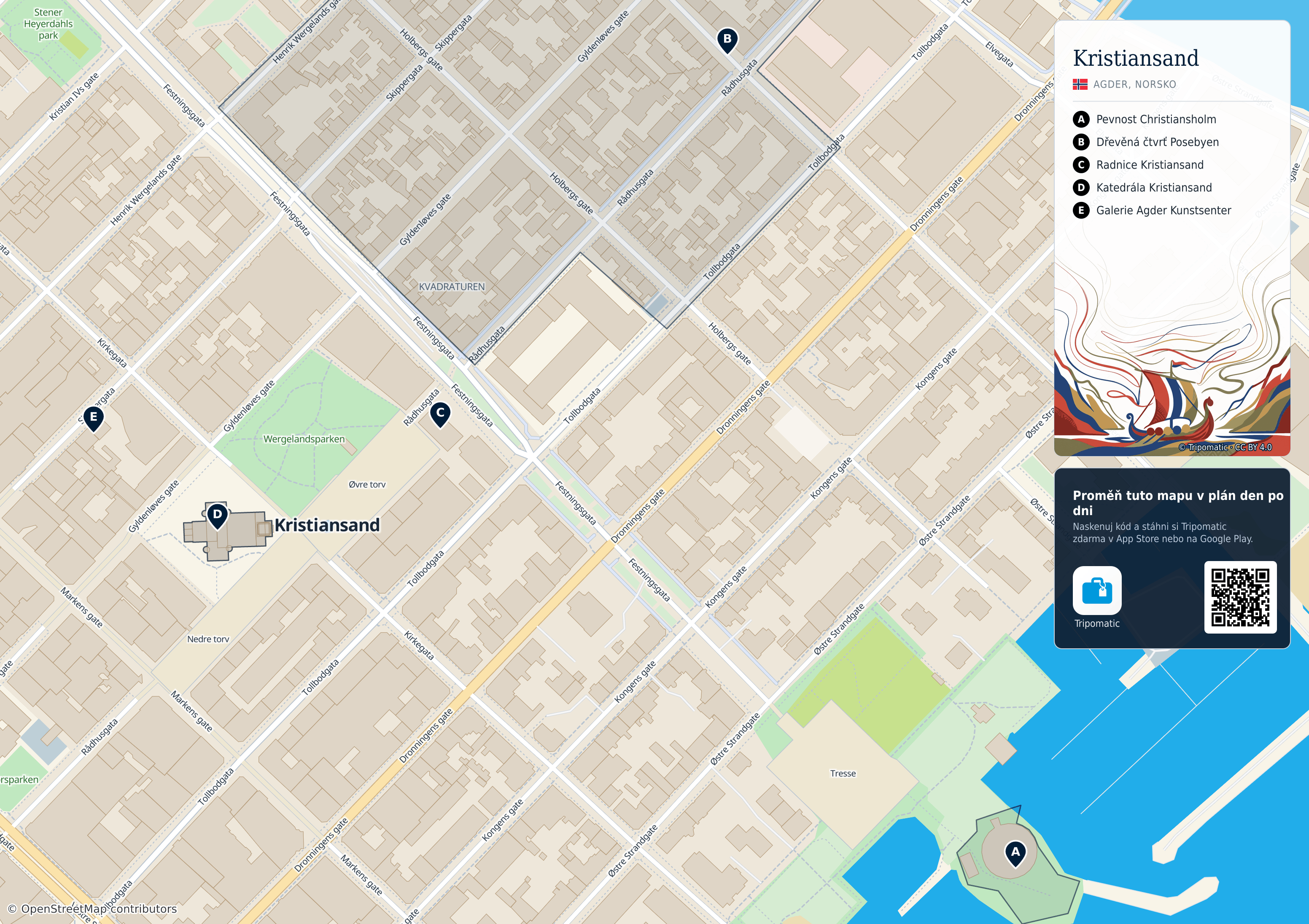 Kristiansand – turistická mapa k vytisknutí s očíslovanými hlavními památkami