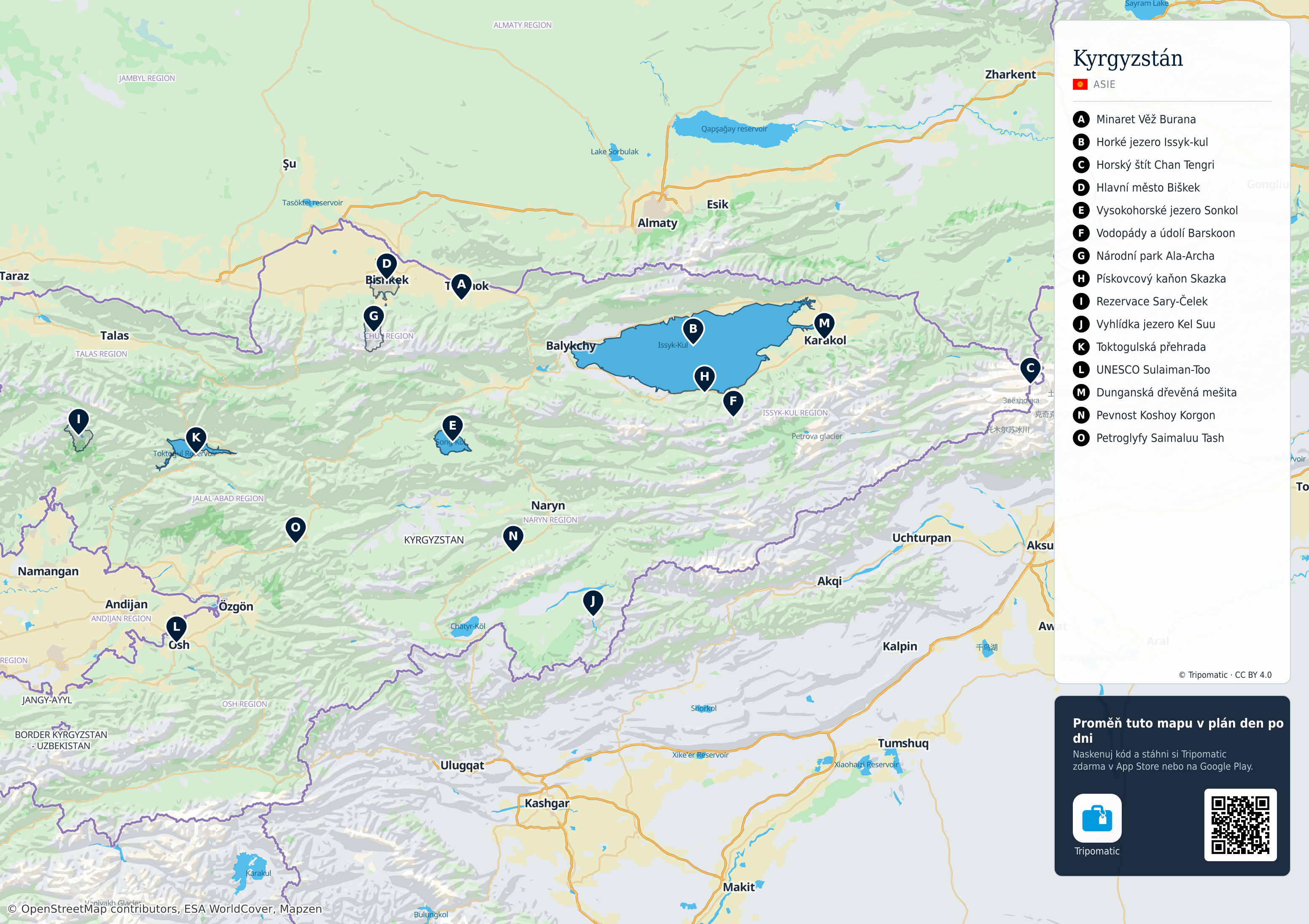Kyrgyzstán – turistická mapa k vytisknutí s očíslovanými hlavními památkami