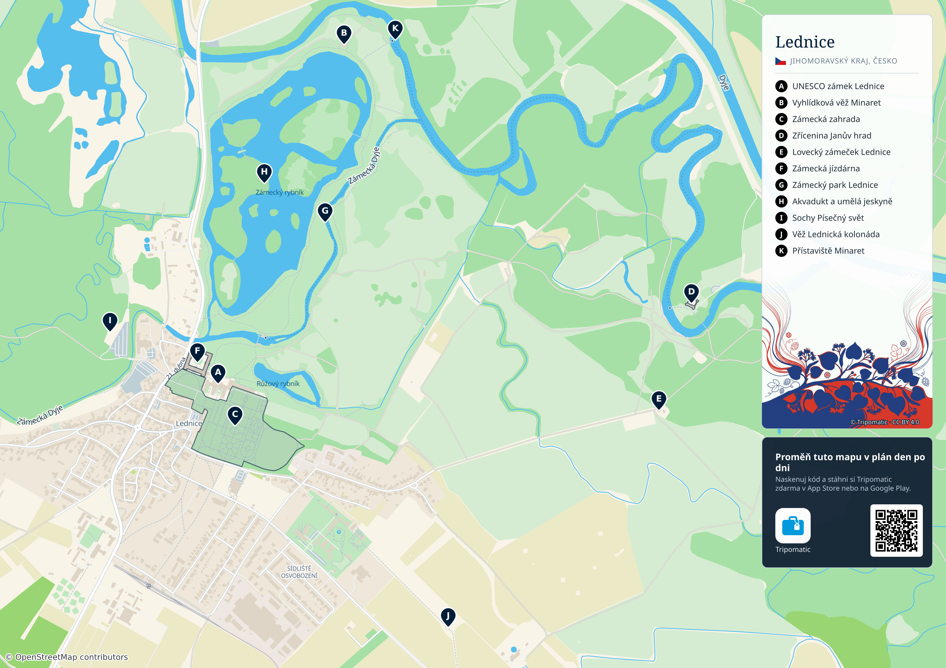Lednice – turistická mapa k vytisknutí s očíslovanými hlavními památkami
