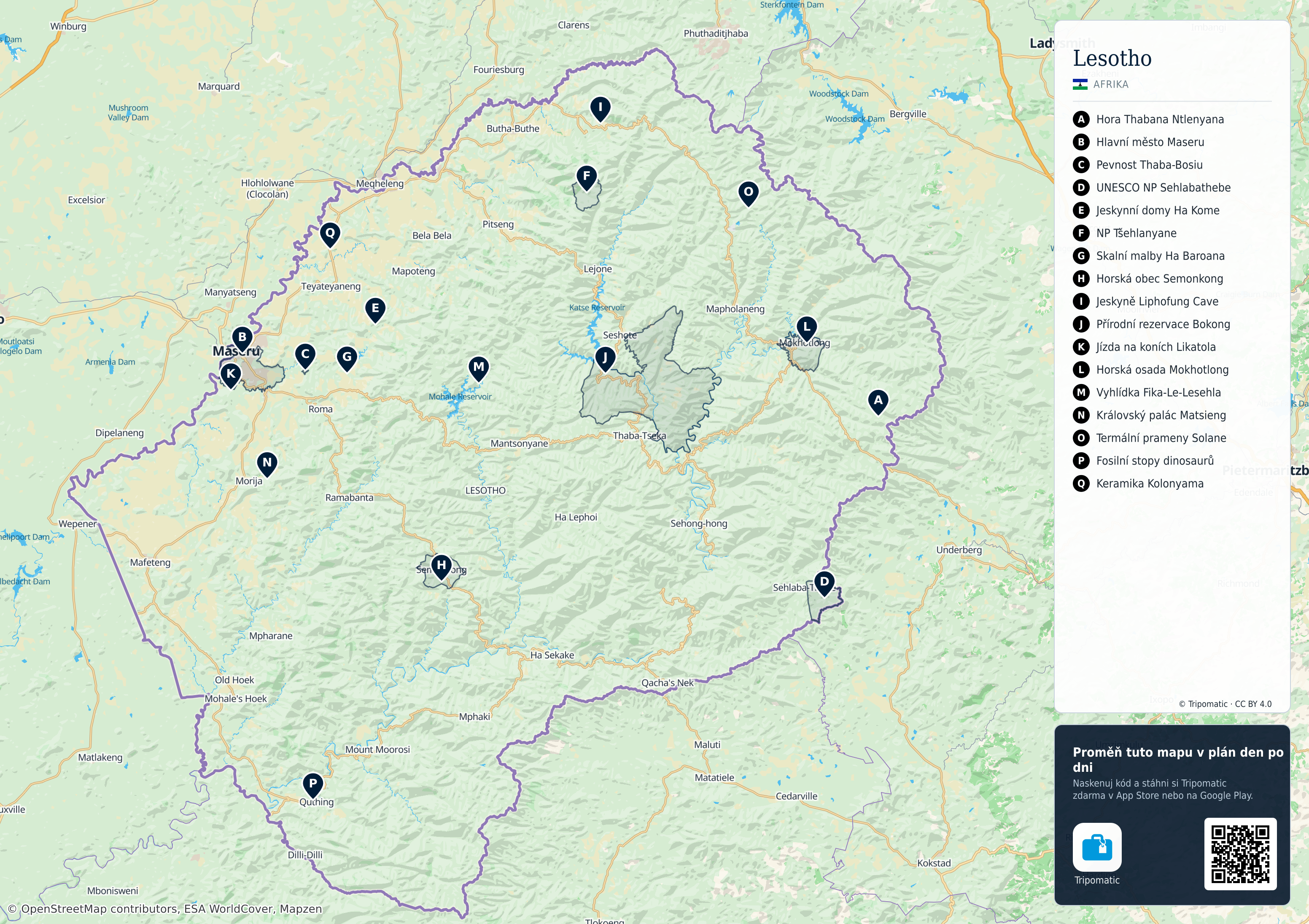 Lesotho – turistická mapa k vytisknutí s očíslovanými hlavními památkami