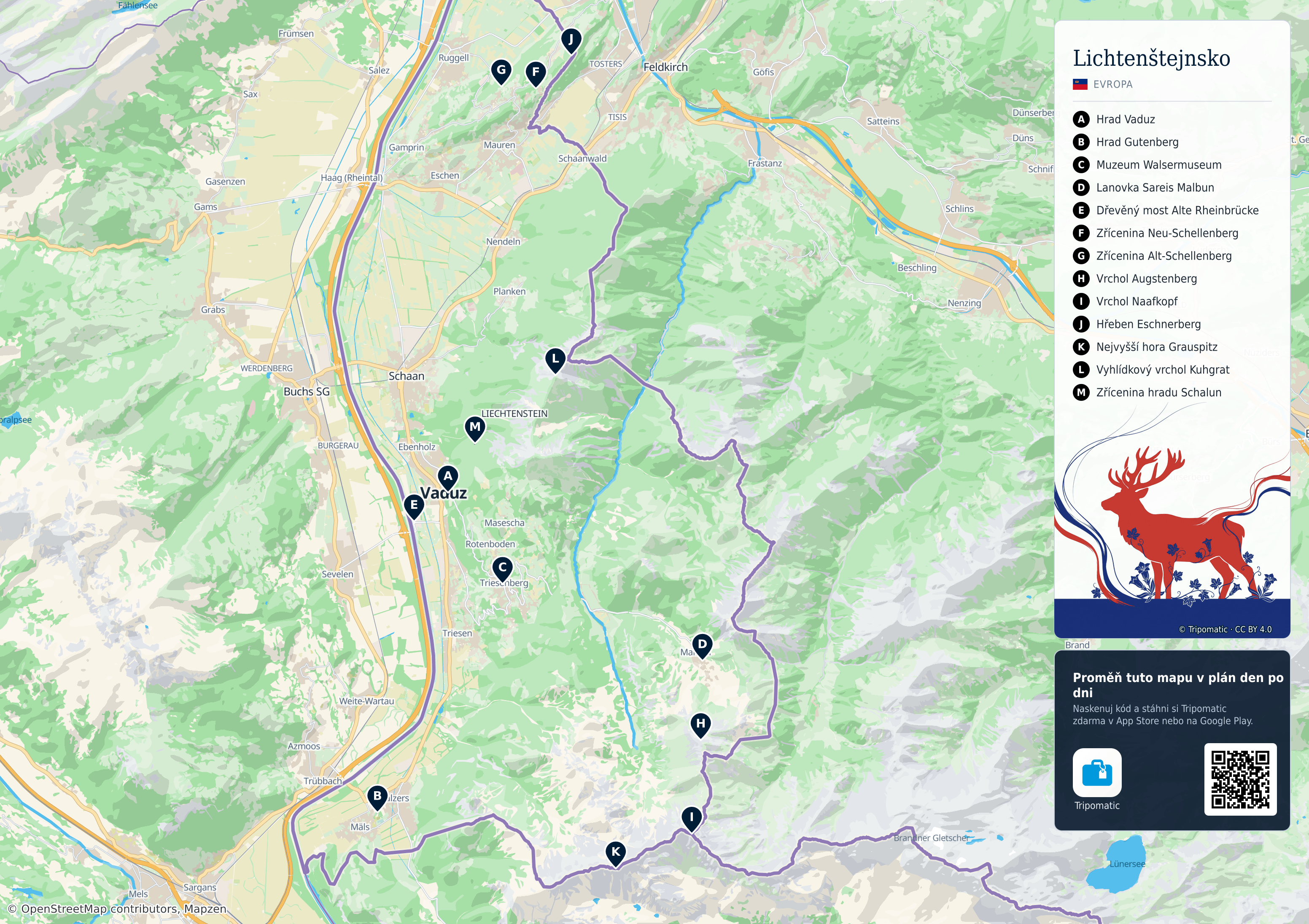 Lichtenštejnsko – turistická mapa k vytisknutí s očíslovanými hlavními památkami