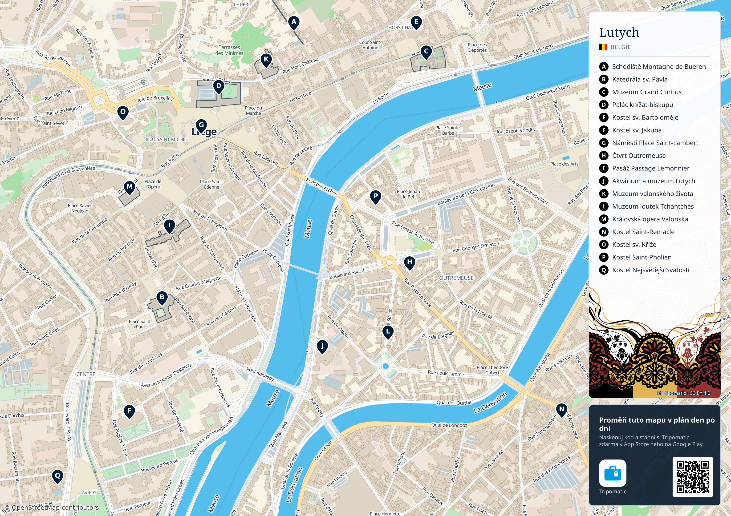 Lutych – turistická mapa k vytisknutí s očíslovanými hlavními památkami