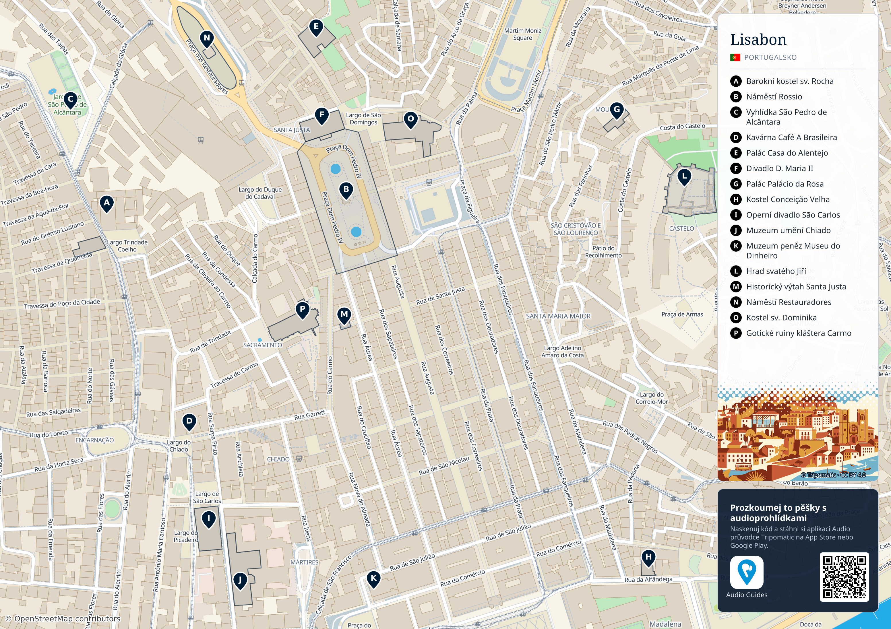 Lisabon – turistická mapa k vytisknutí s očíslovanými hlavními památkami