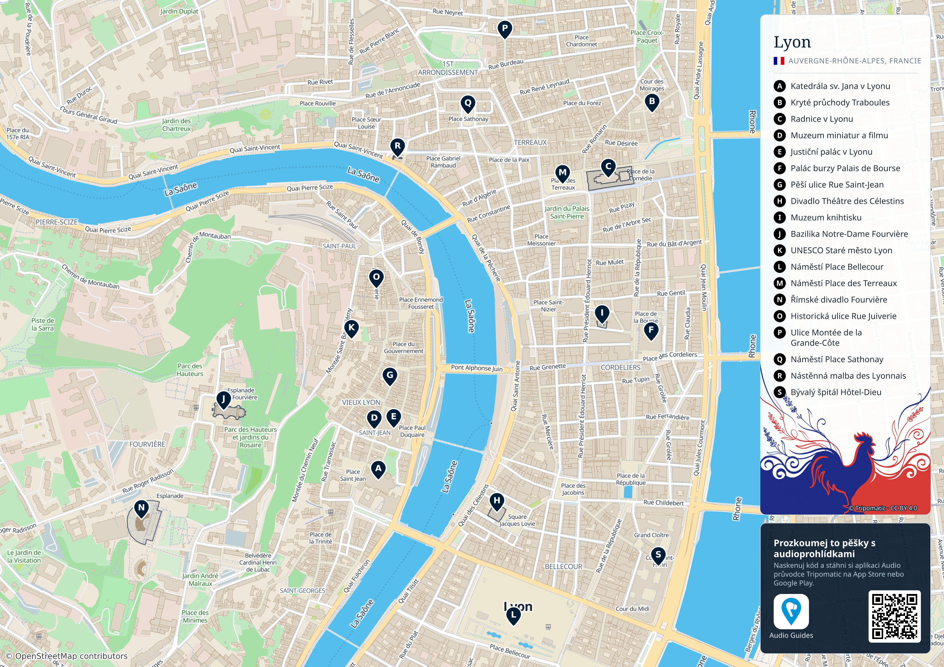 Lyon – turistická mapa k vytisknutí s očíslovanými hlavními památkami