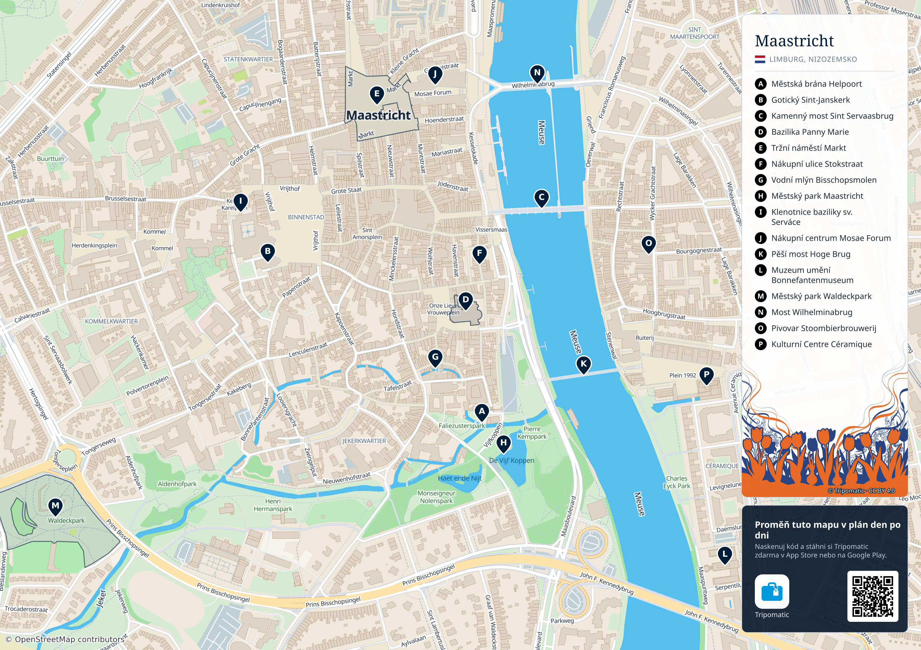 Maastricht – turistická mapa k vytisknutí s očíslovanými hlavními památkami