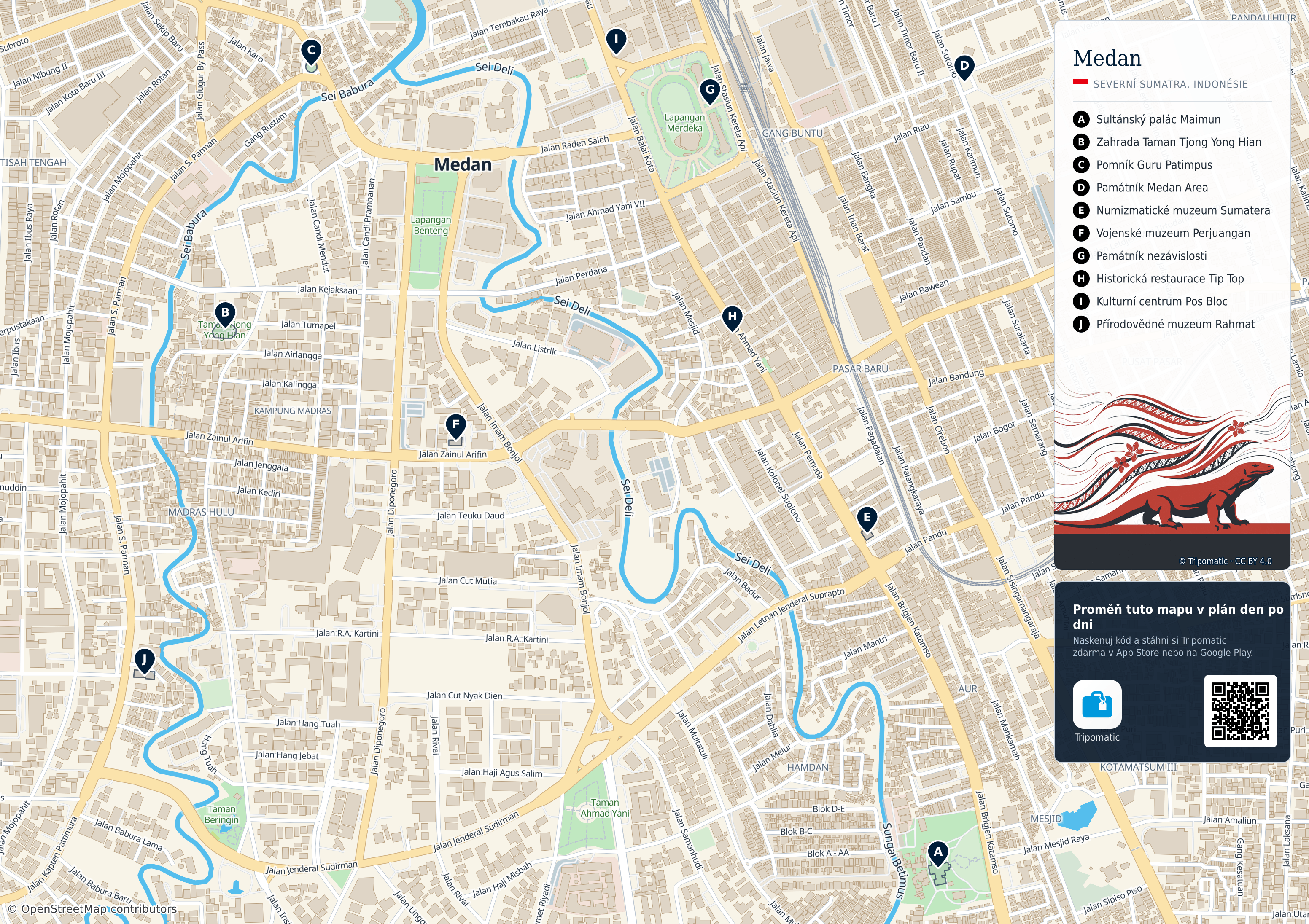 Medan – turistická mapa k vytisknutí s očíslovanými hlavními památkami