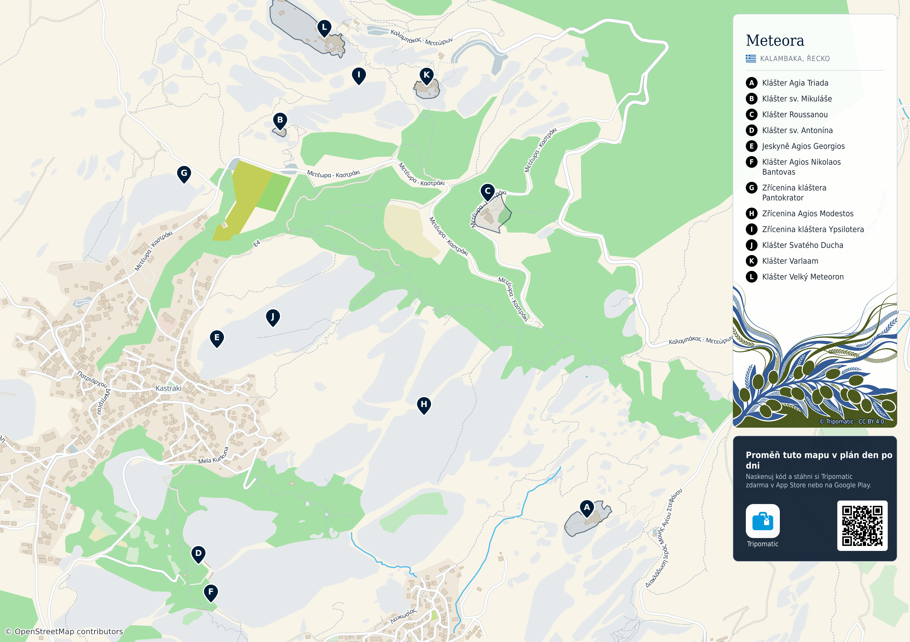 Meteora – turistická mapa k vytisknutí s očíslovanými hlavními památkami