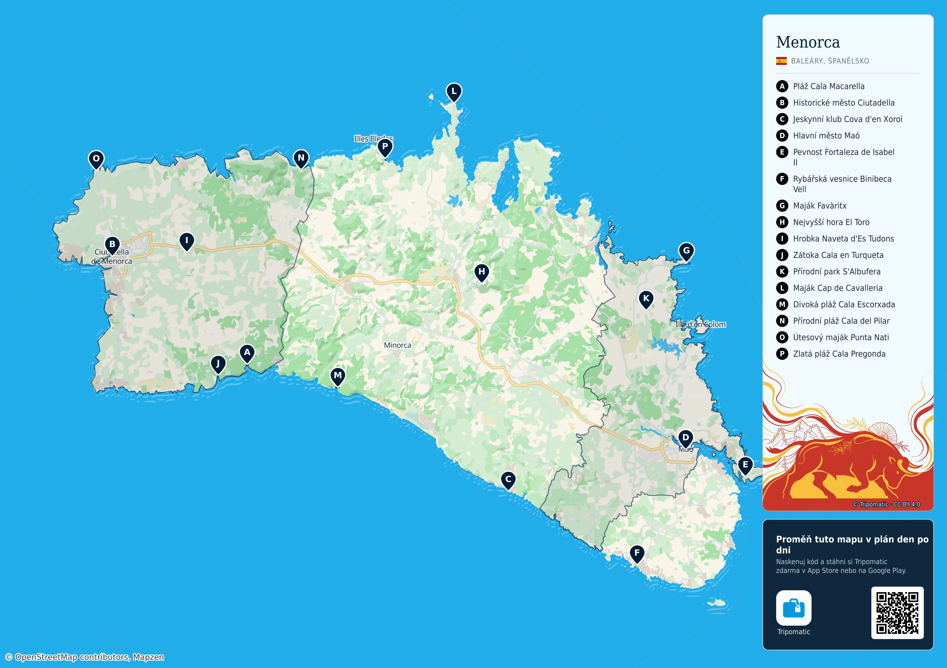 Menorca – turistická mapa k vytisknutí s očíslovanými hlavními památkami
