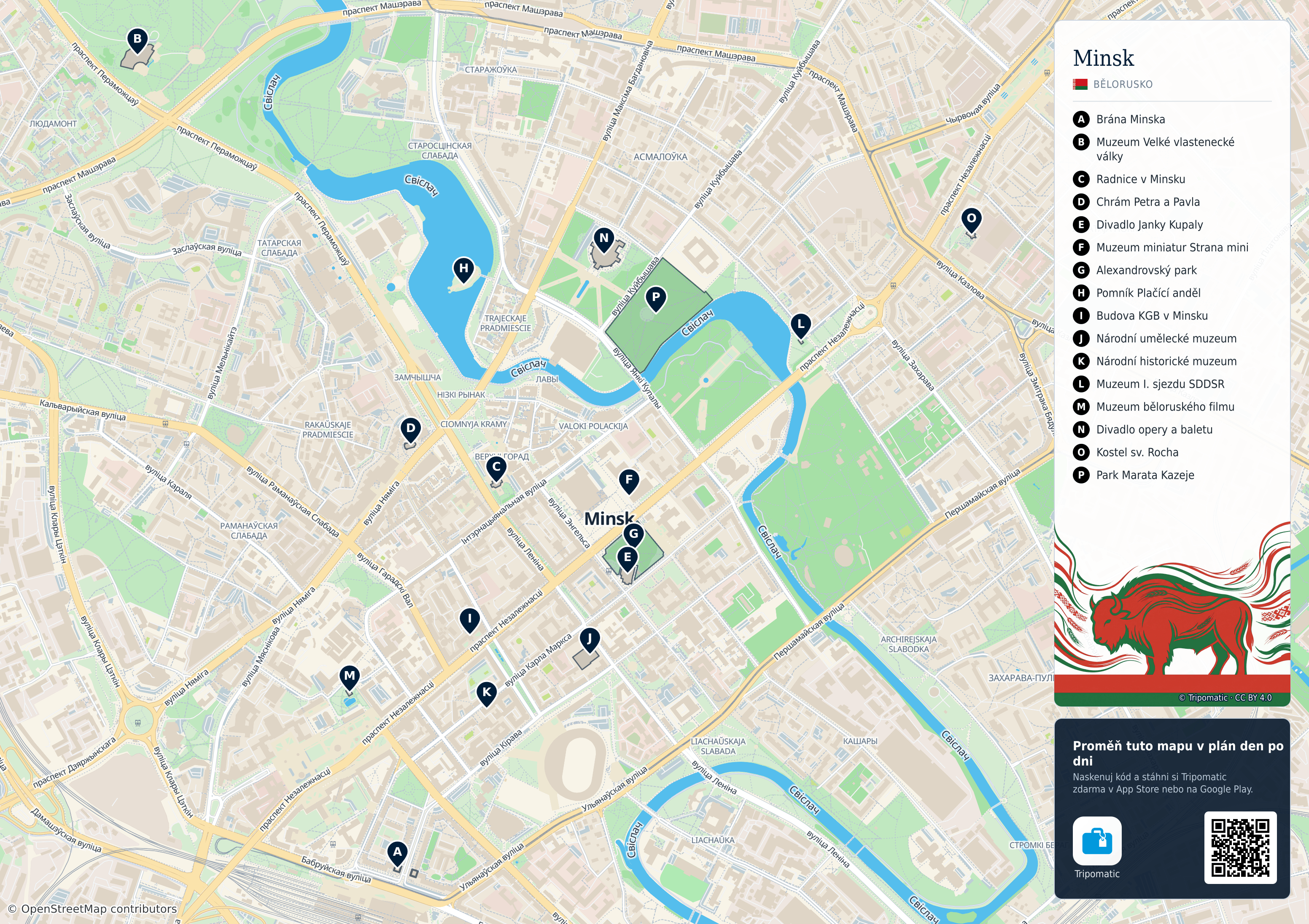 Minsk – turistická mapa k vytisknutí s očíslovanými hlavními památkami