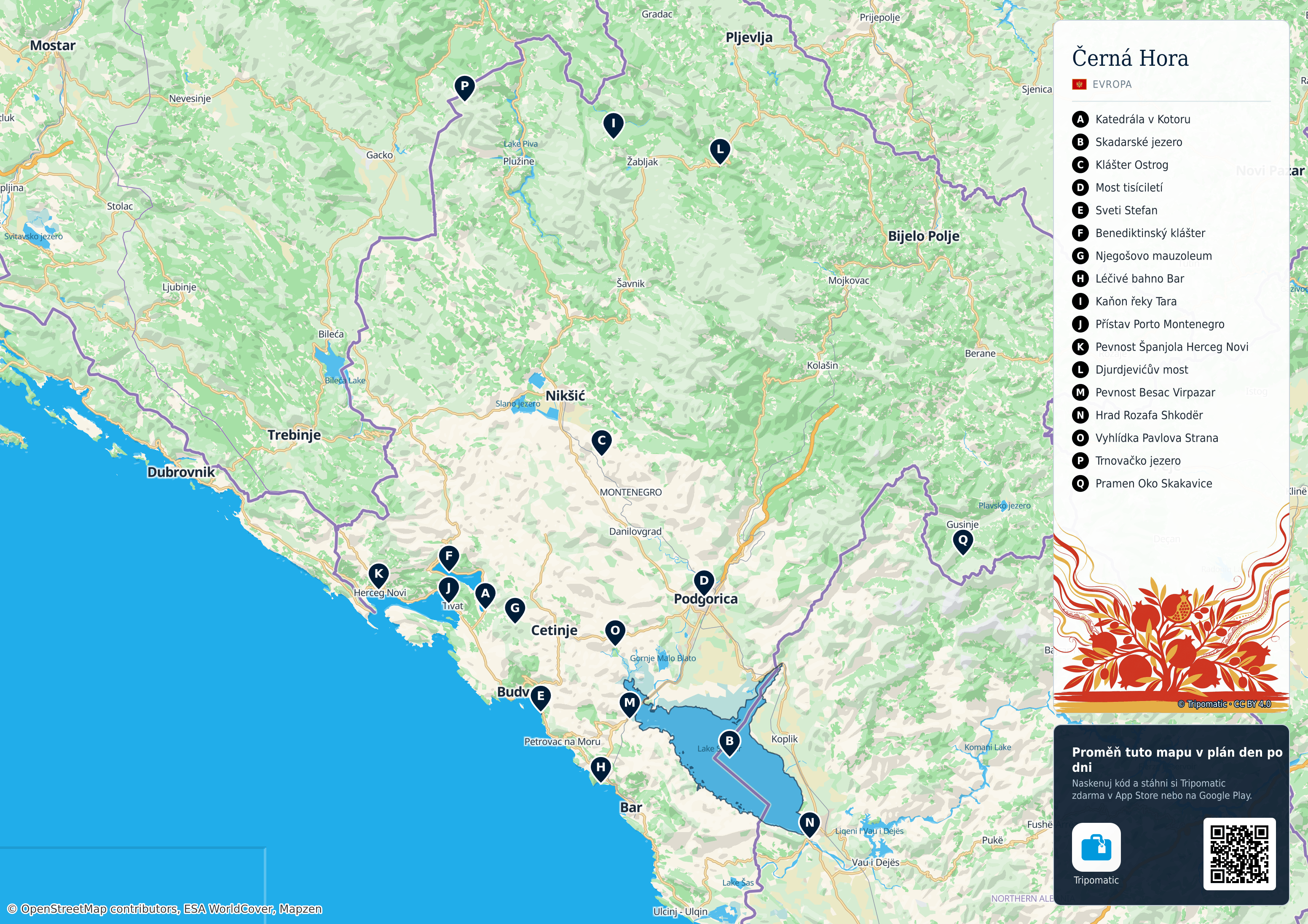 Černá Hora – turistická mapa k vytisknutí s očíslovanými hlavními památkami