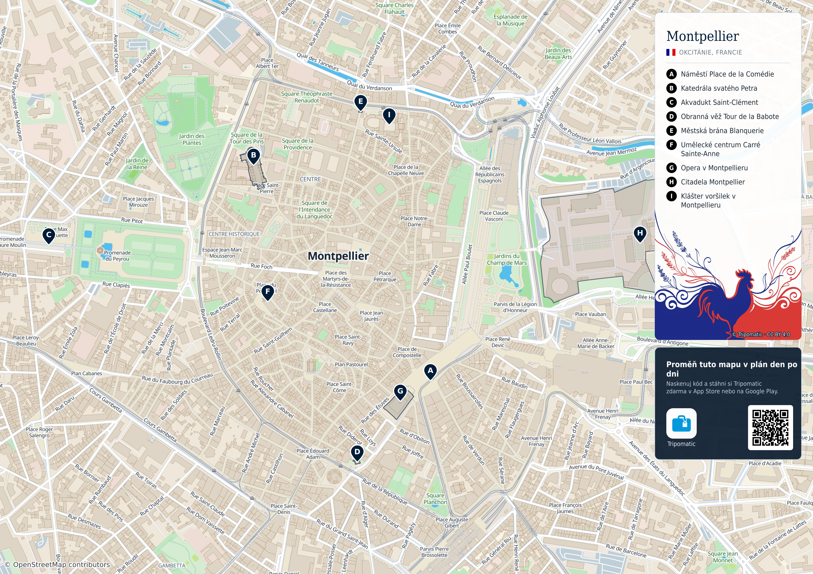 Montpellier – turistická mapa k vytisknutí s očíslovanými hlavními památkami