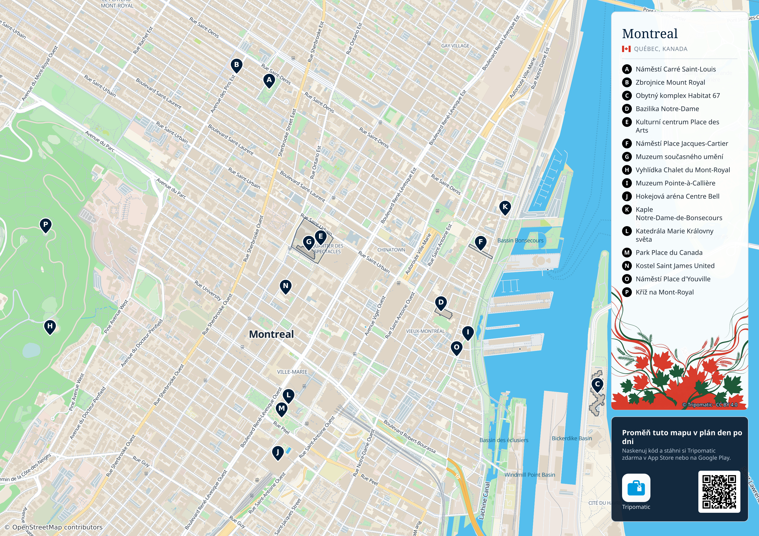 Montreal – turistická mapa k vytisknutí s očíslovanými hlavními památkami