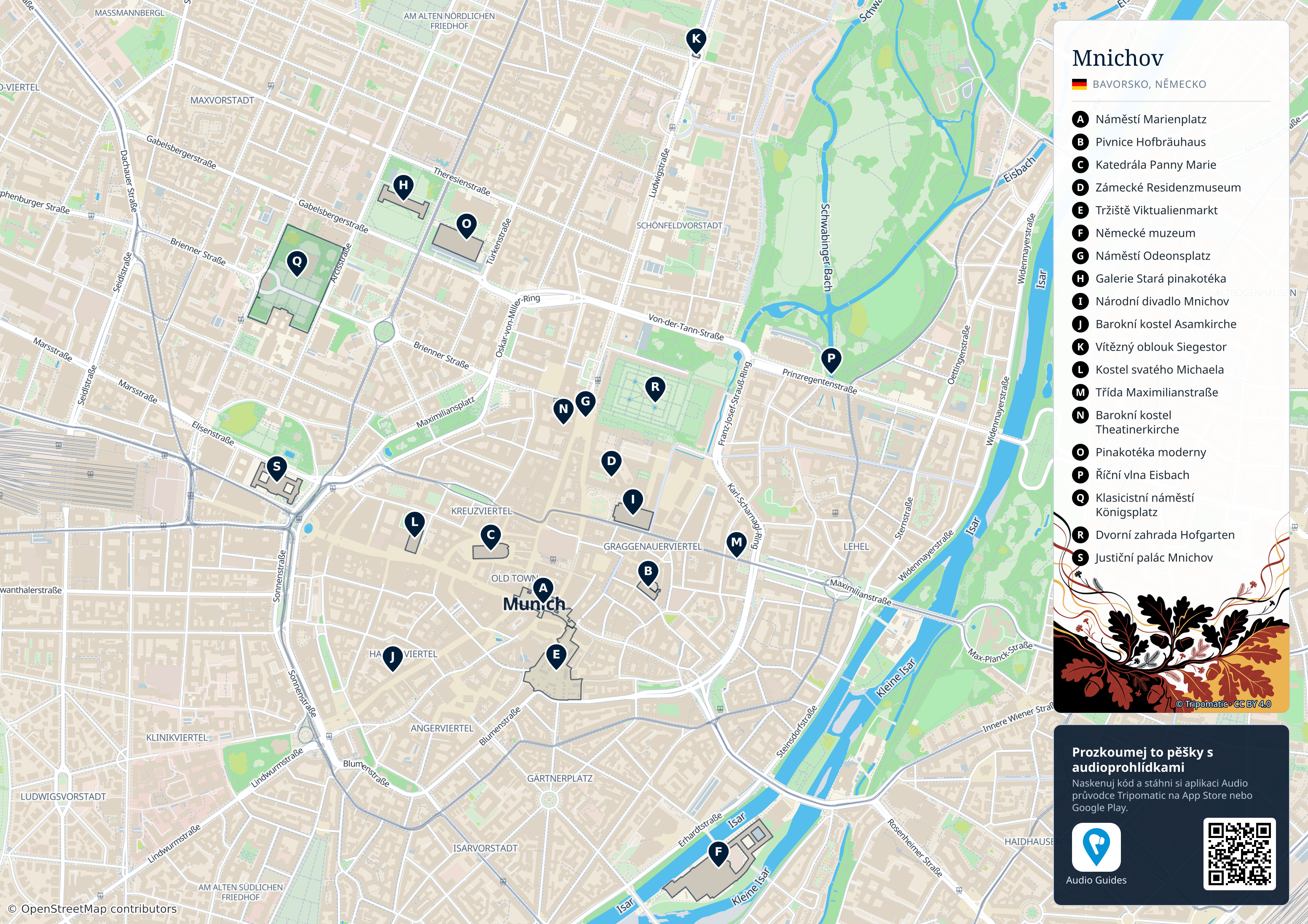 Mnichov – turistická mapa k vytisknutí s očíslovanými hlavními památkami