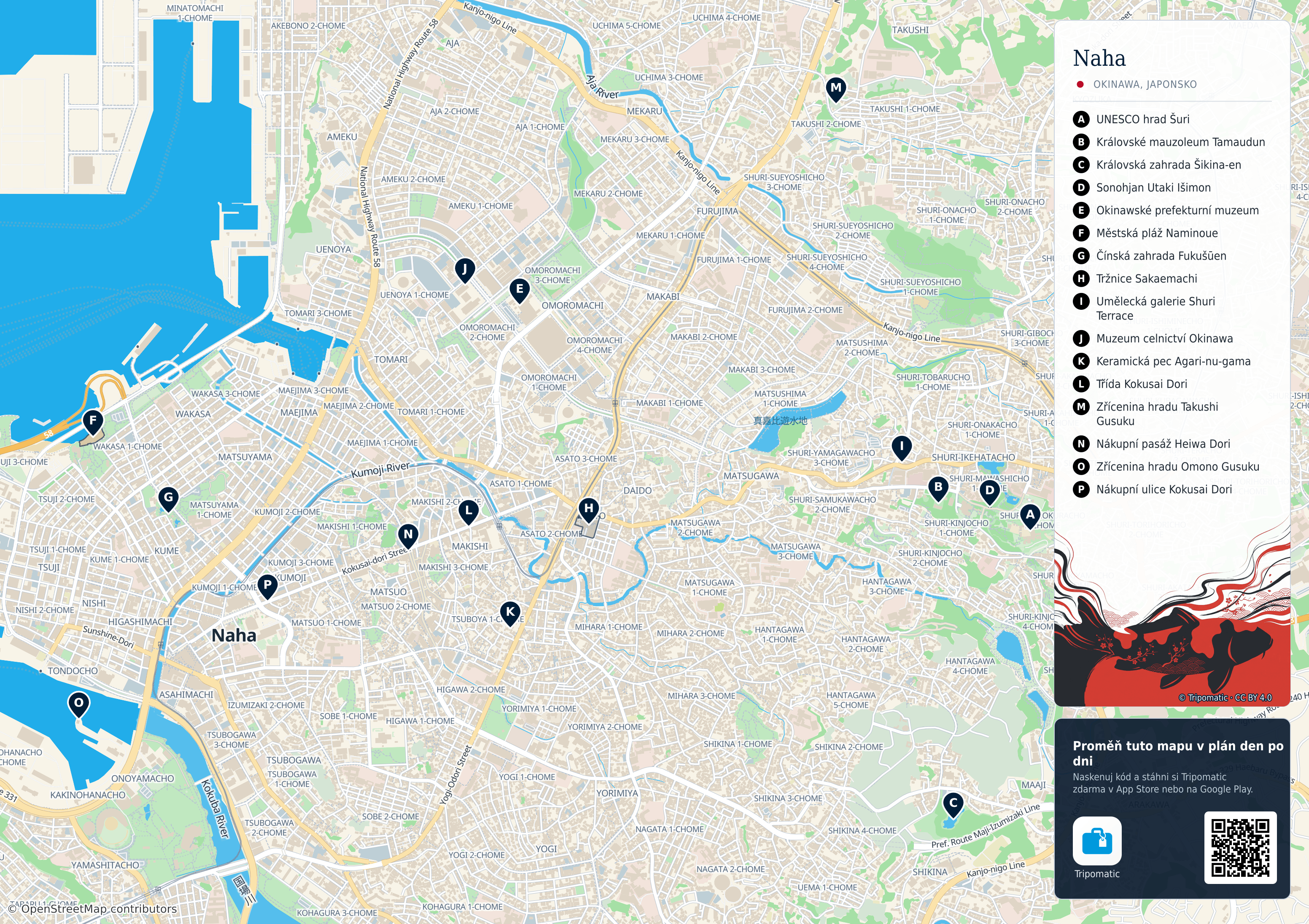 Naha – turistická mapa k vytisknutí s očíslovanými hlavními památkami