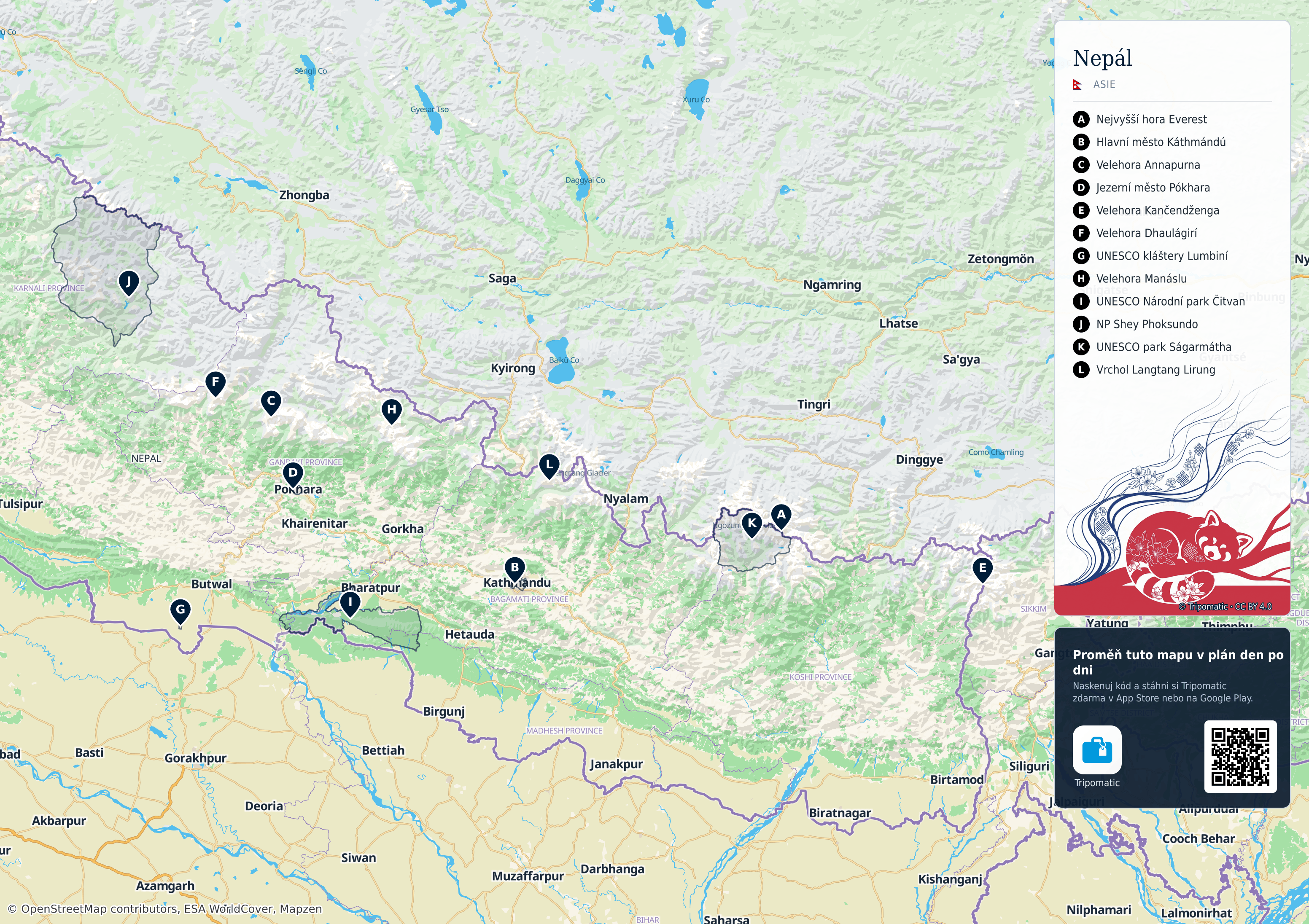 Nepál – turistická mapa k vytisknutí s očíslovanými hlavními památkami