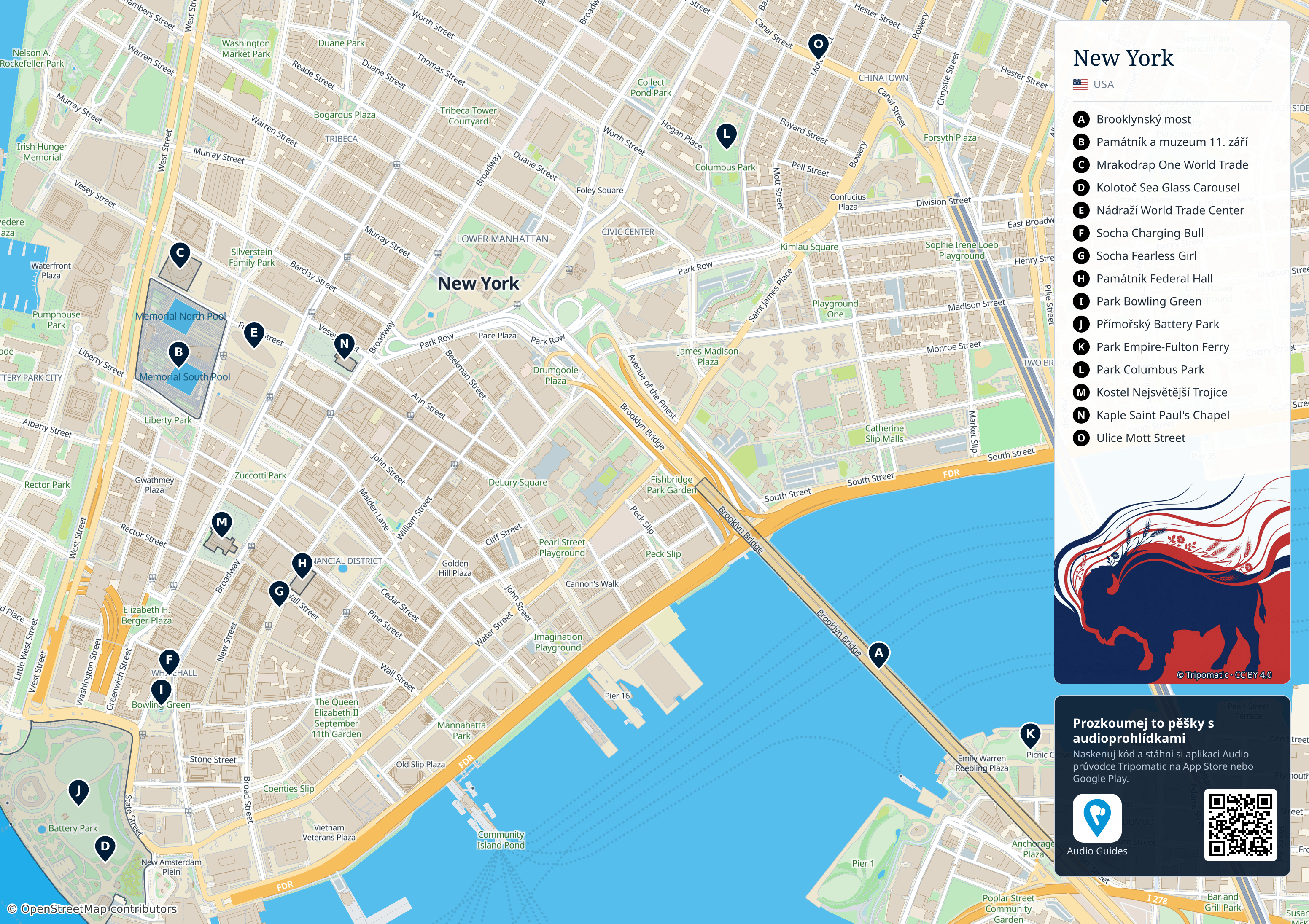 New York – turistická mapa k vytisknutí s očíslovanými hlavními památkami
