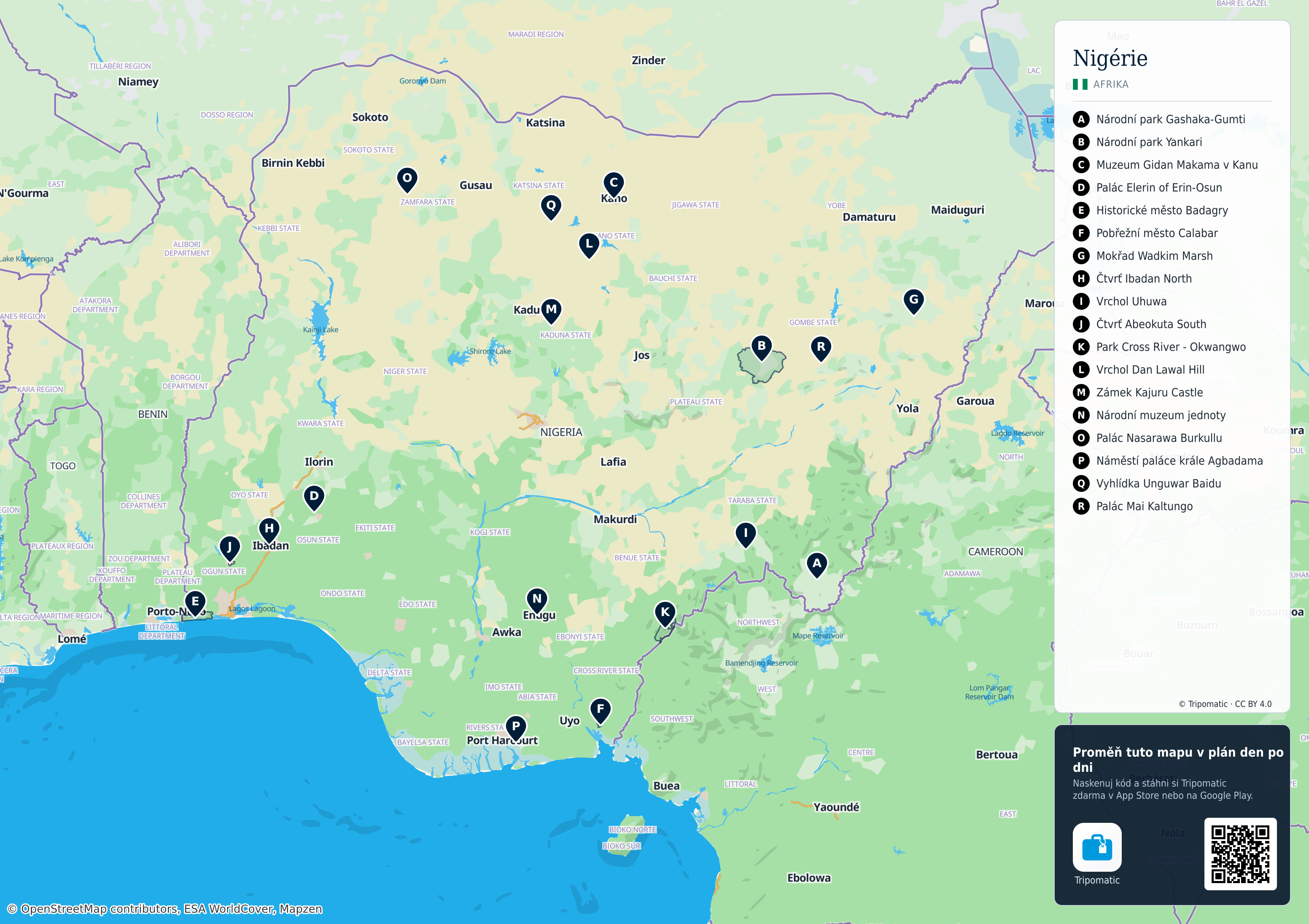 Nigérie – turistická mapa k vytisknutí s očíslovanými hlavními památkami