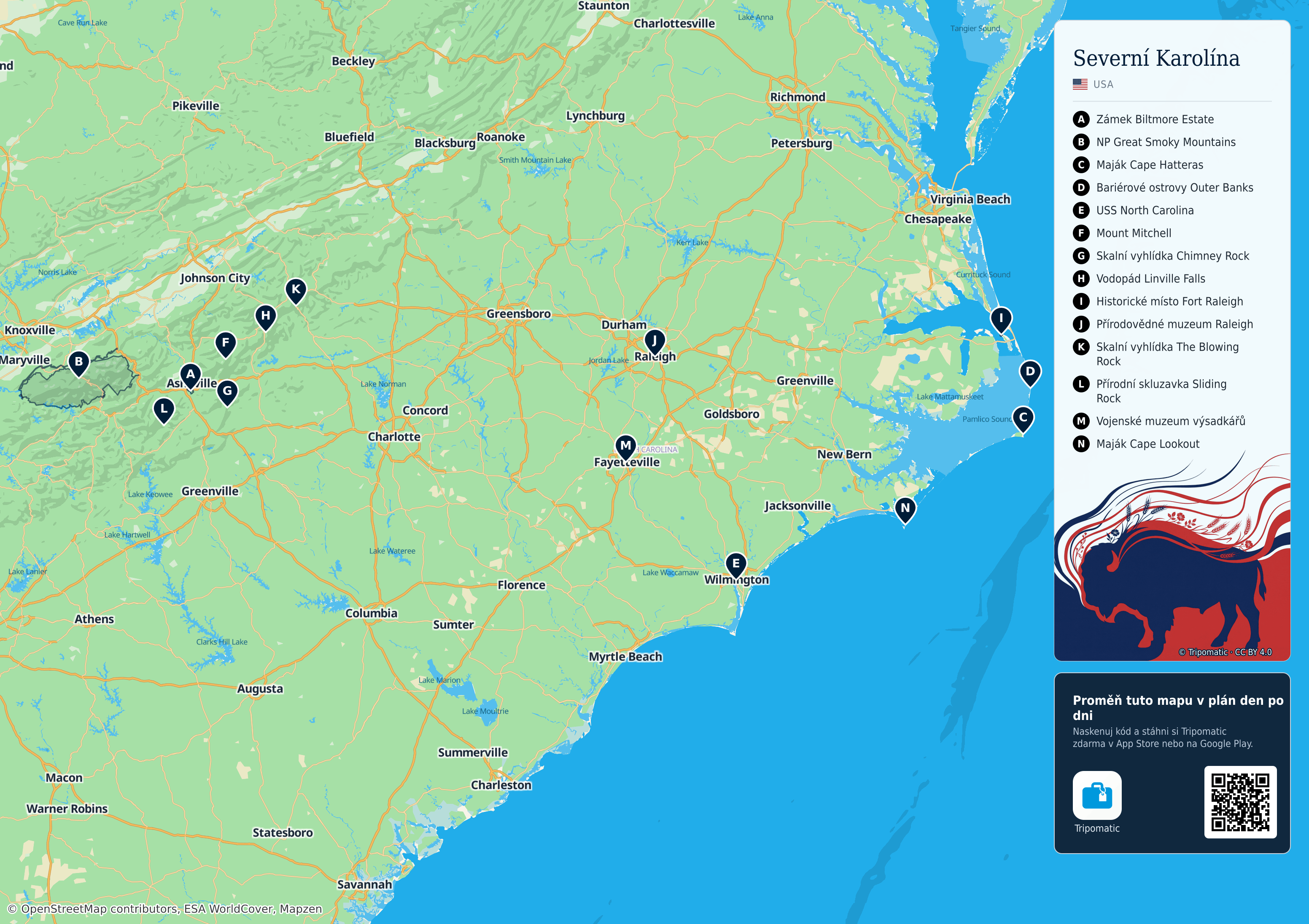 Severní Karolína – turistická mapa k vytisknutí s očíslovanými hlavními památkami