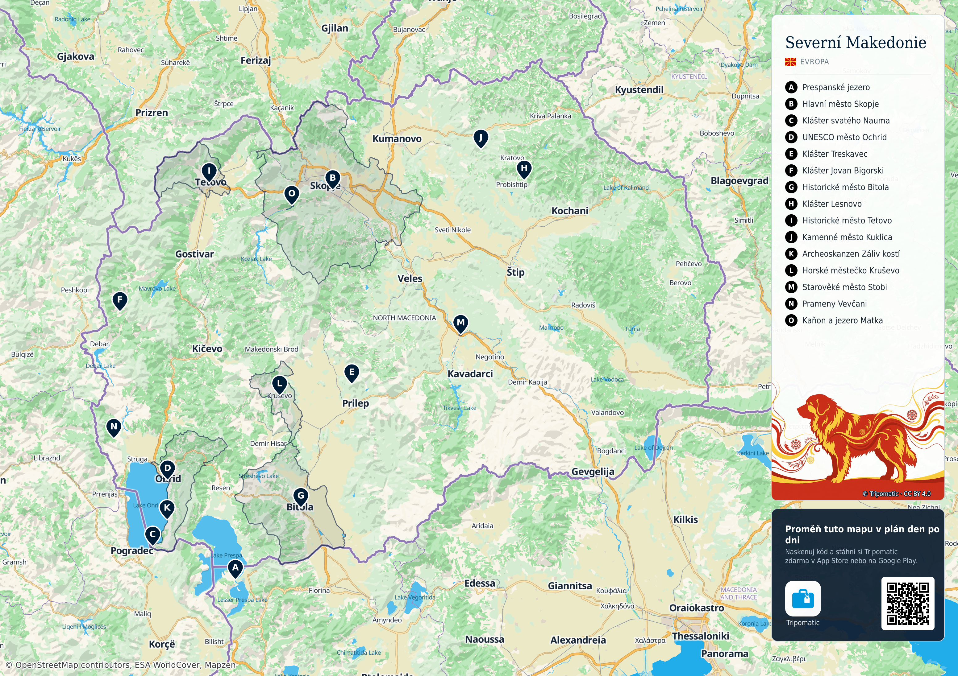 Severní Makedonie – turistická mapa k vytisknutí s očíslovanými hlavními památkami