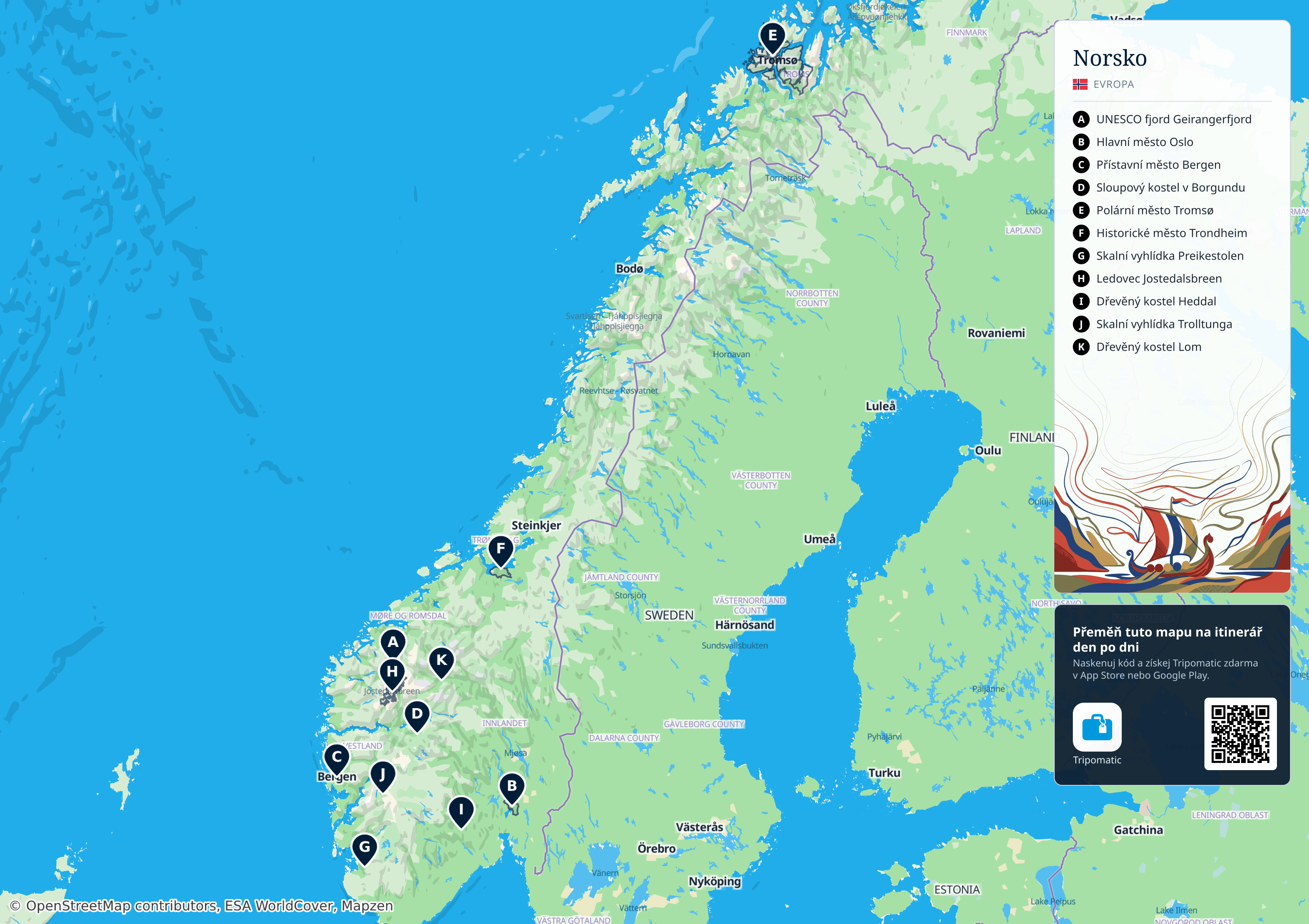 Norsko – tisknutelná turistická mapa s očíslovanými hlavními památkami
