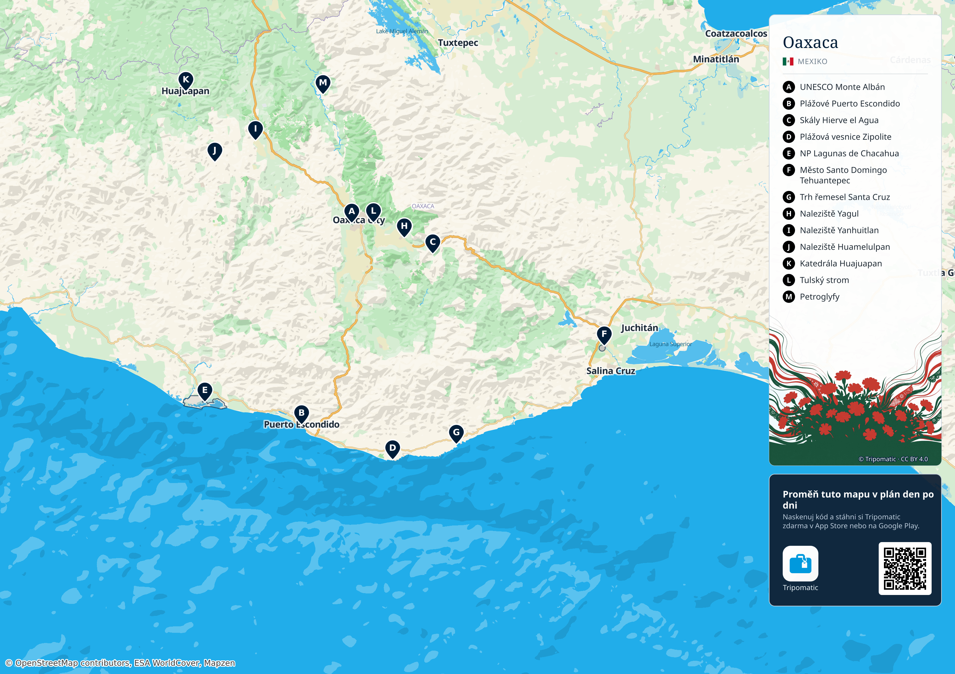 Oaxaca – turistická mapa k vytisknutí s očíslovanými hlavními památkami