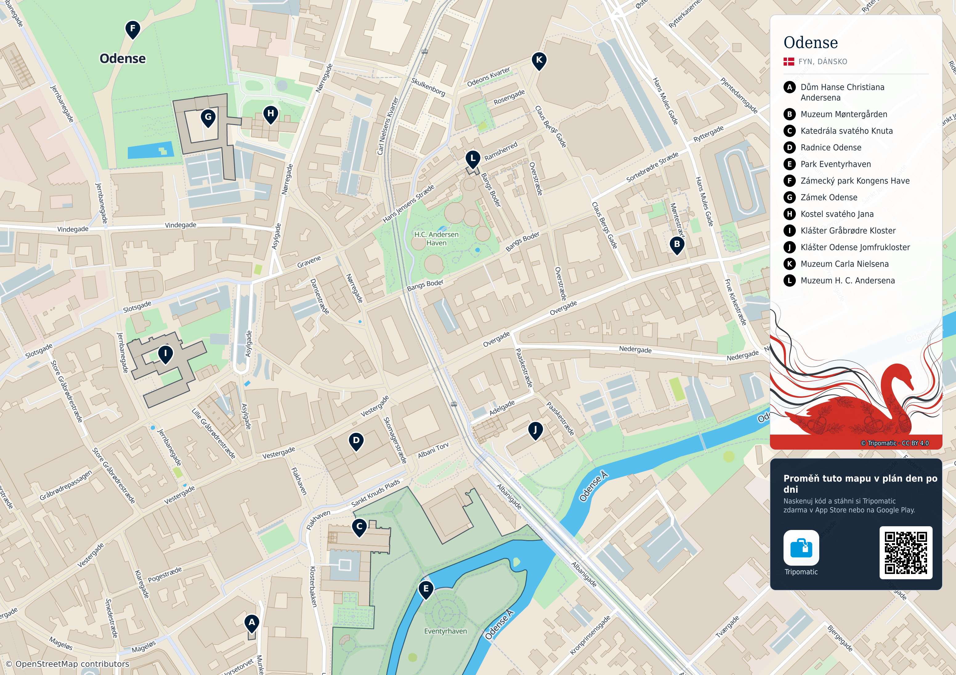 Odense – turistická mapa k vytisknutí s očíslovanými hlavními památkami