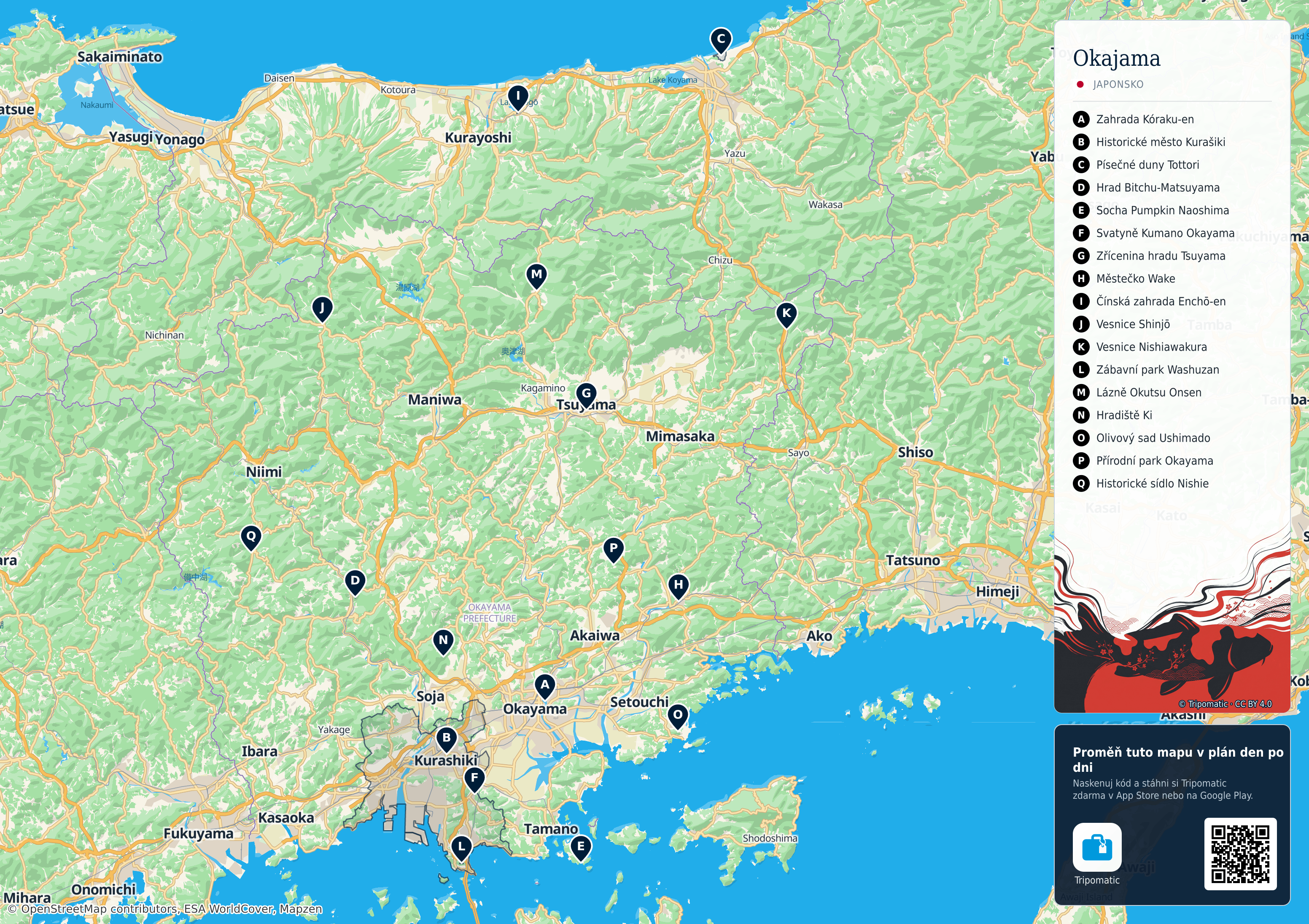 Prefektura Okajama – turistická mapa k vytisknutí s očíslovanými hlavními památkami