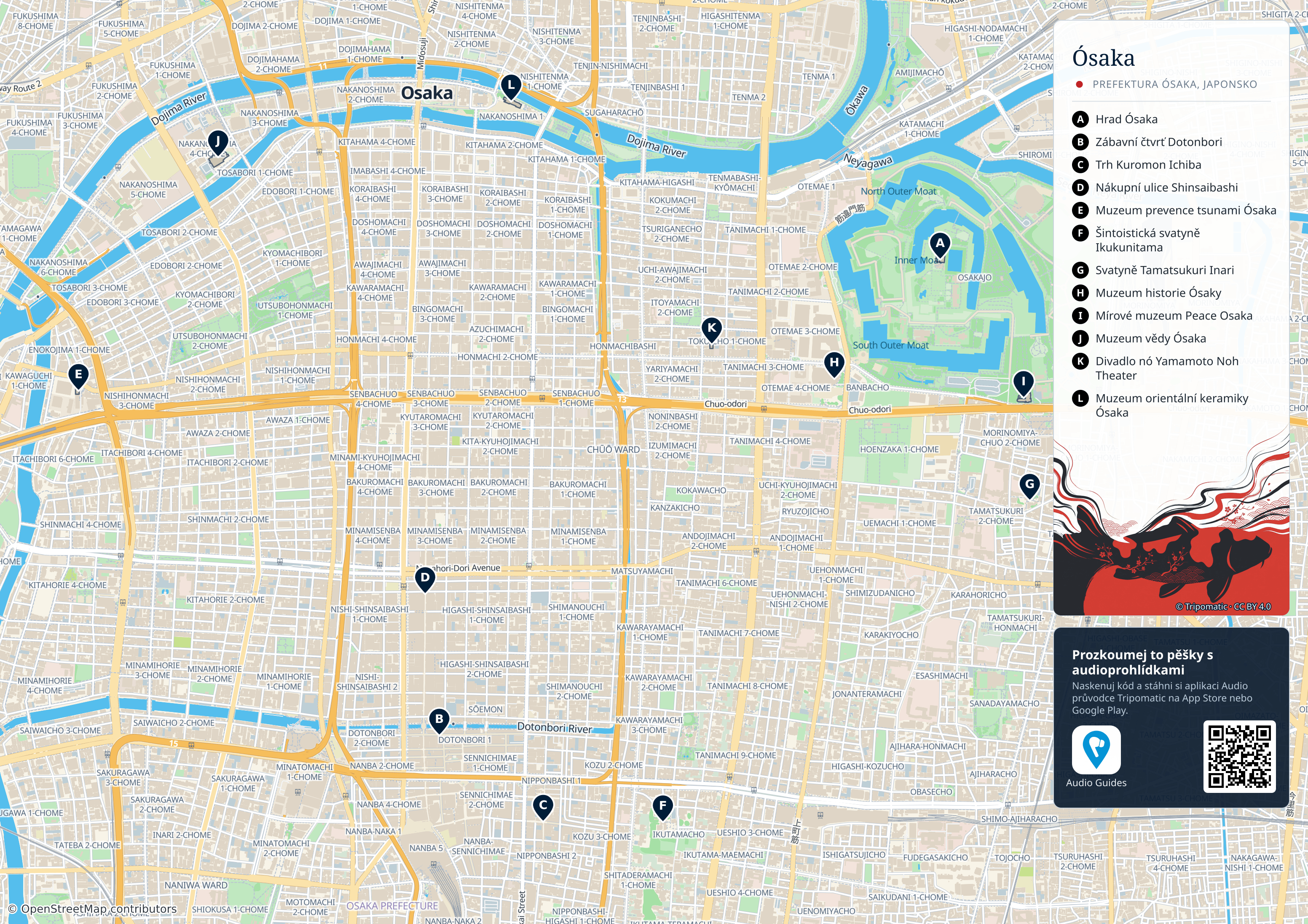 Ósaka – turistická mapa k vytisknutí s očíslovanými hlavními památkami
