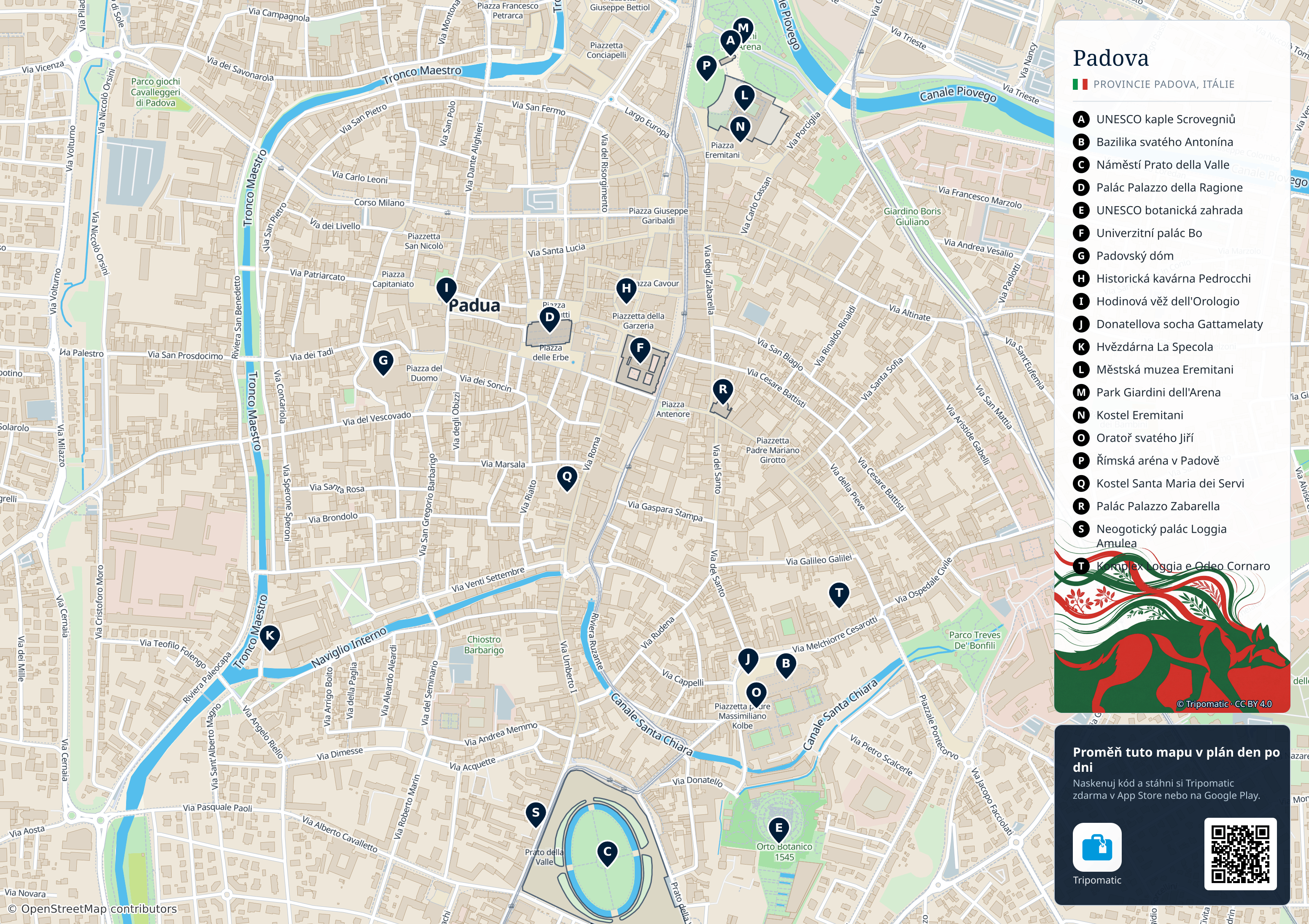 Padova – turistická mapa k vytisknutí s očíslovanými hlavními památkami