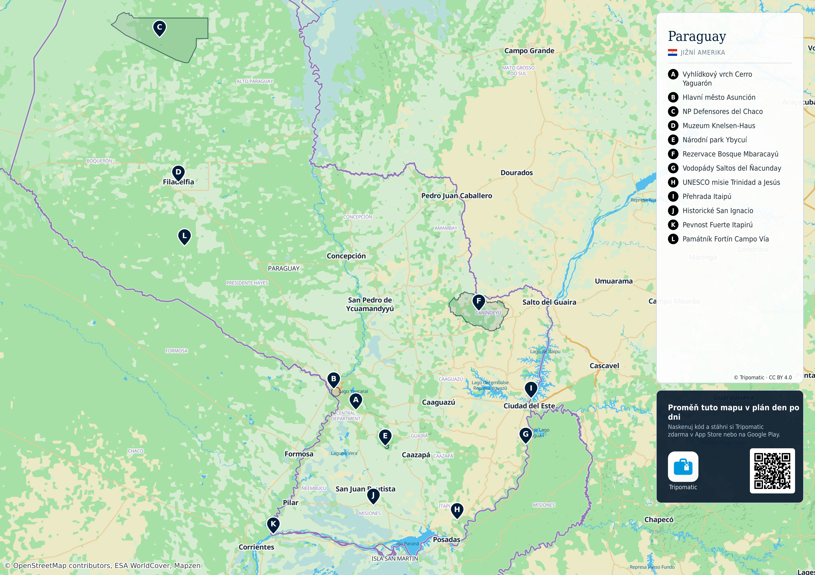 Paraguay – turistická mapa k vytisknutí s očíslovanými hlavními památkami