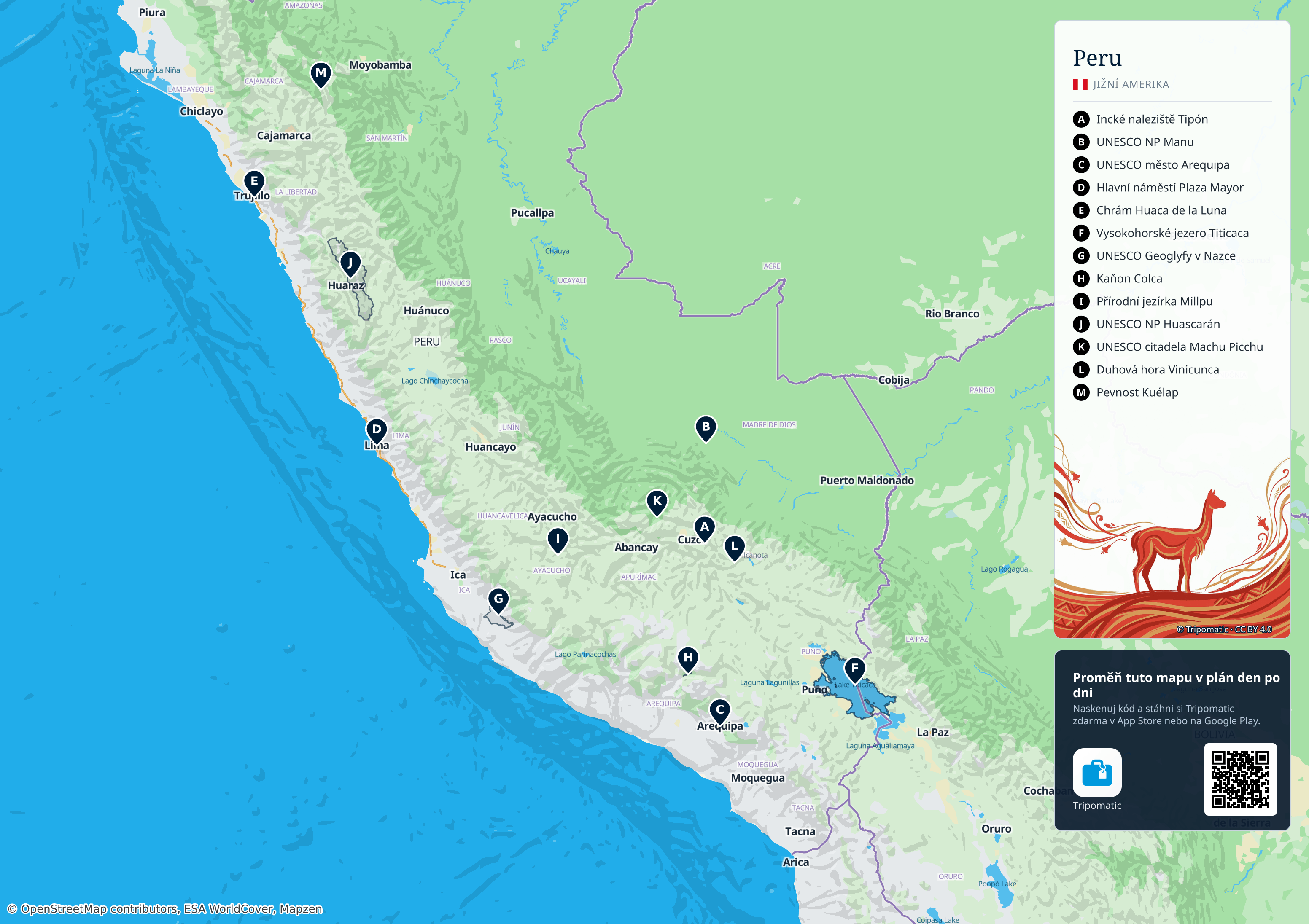 Peru – turistická mapa k vytisknutí s očíslovanými hlavními památkami